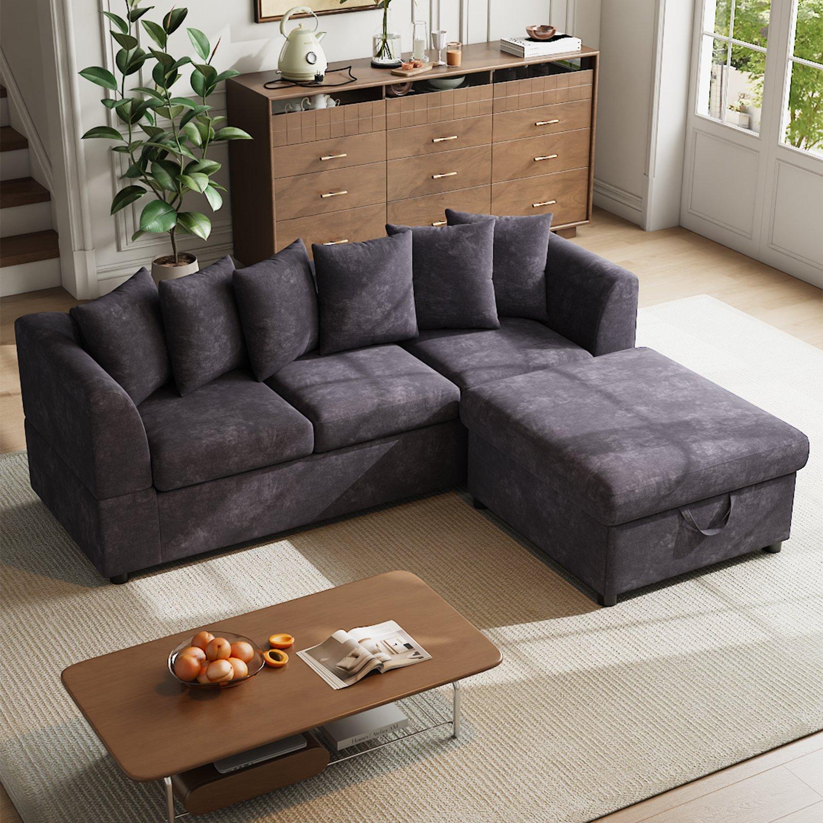 Grey - Kabinet UK - Chenille Upholstered 3-Seater Sectional Sofa with - 1