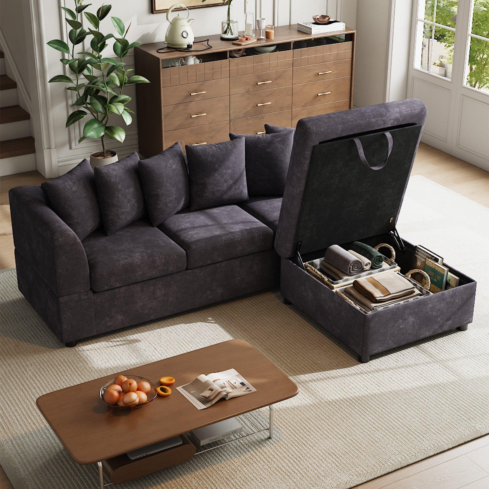 Grey - Kabinet UK - Chenille Upholstered 3-Seater Sectional Sofa with - 2