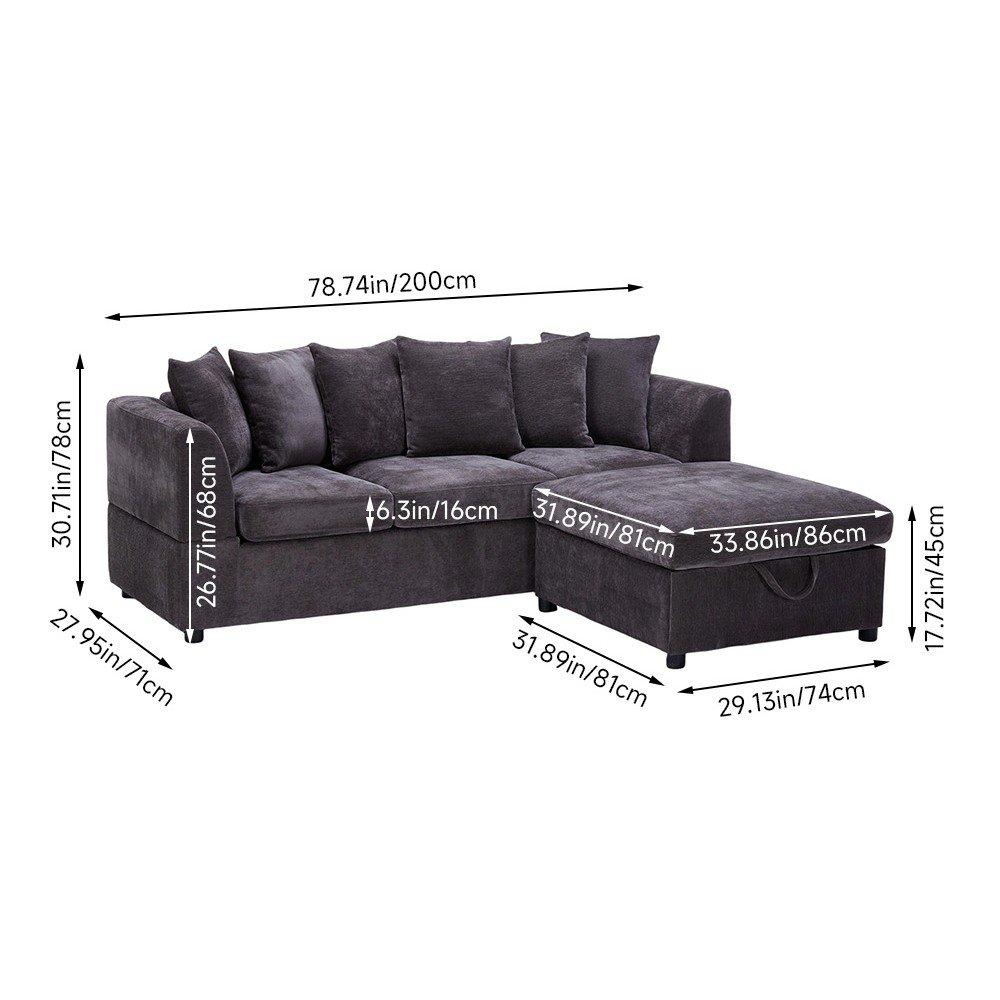 Grey - Kabinet UK - Chenille Upholstered 3-Seater Sectional Sofa with - 3