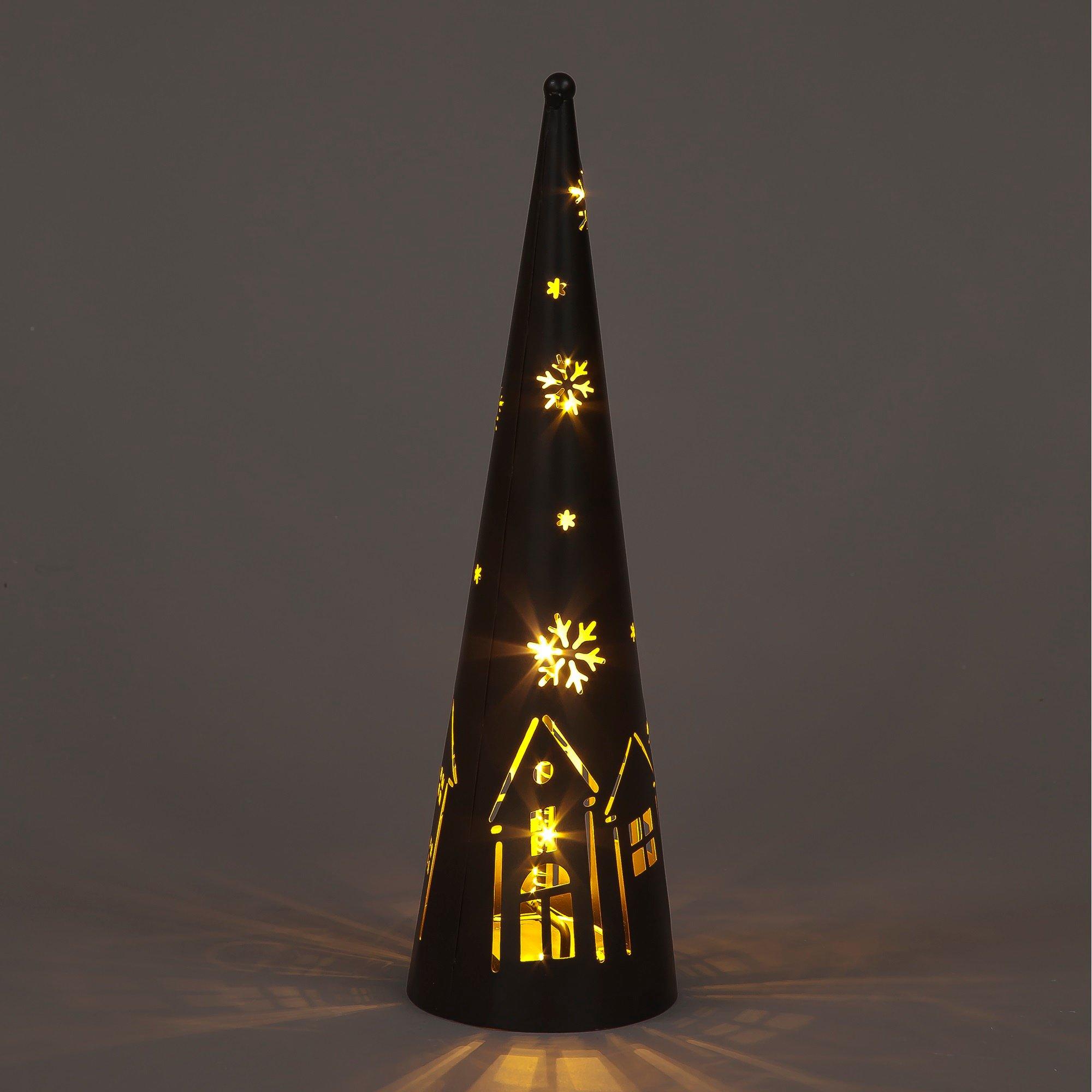 Black - Snowtime - Metal LED Lit Winter Cone Decoration