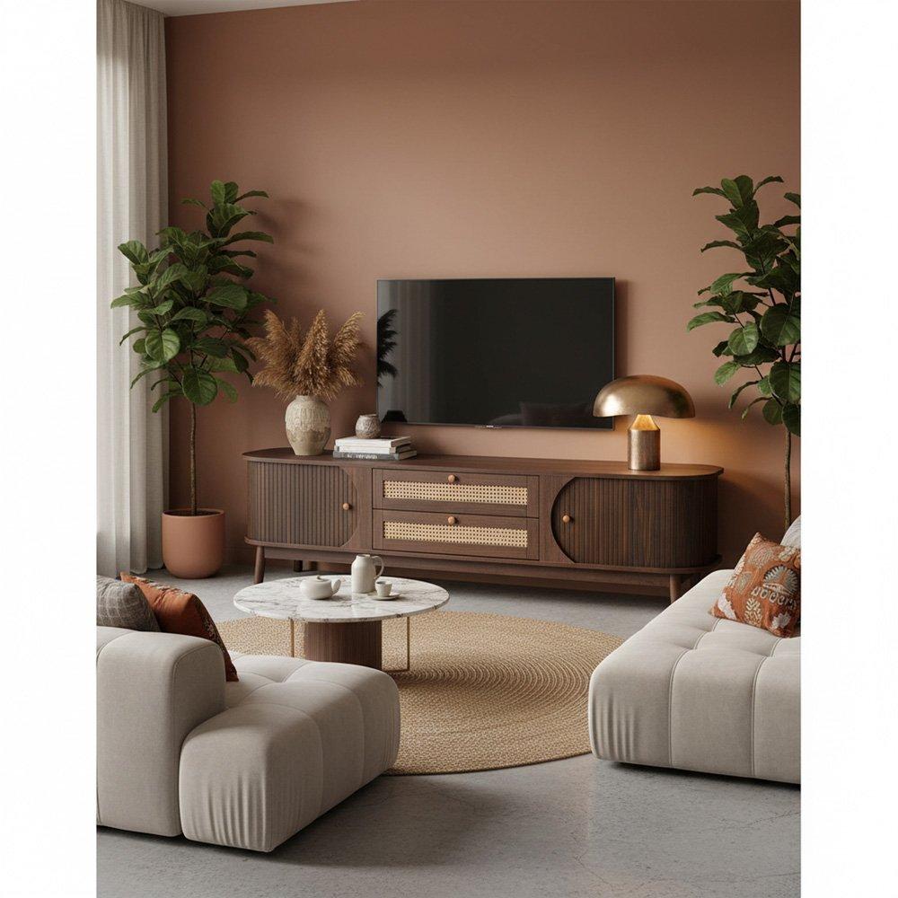 Brown - Urban Meuble - Brown Wood TV Stand Rattan Panels Ample Storage - 1