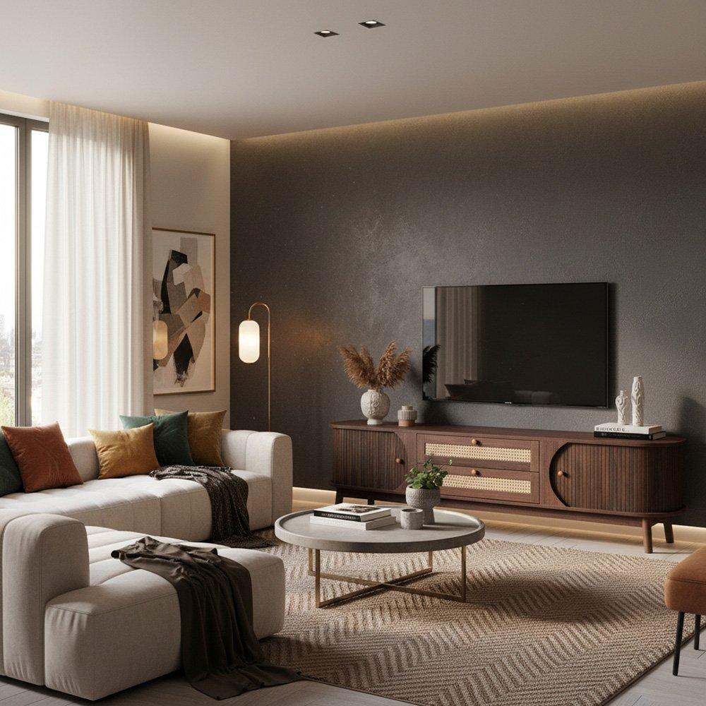 Brown - Urban Meuble - Brown Wood TV Stand Rattan Panels Ample Storage - 2