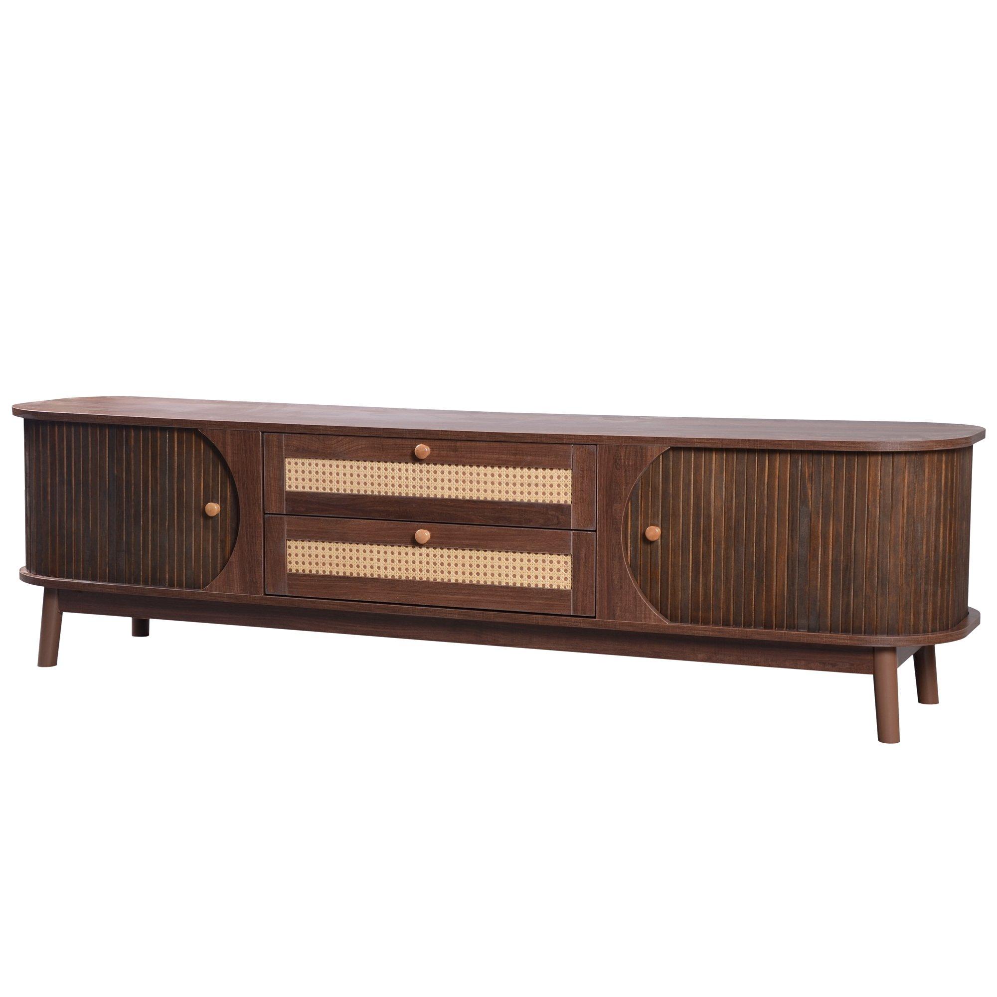Brown - Urban Meuble - Brown Wood TV Stand Rattan Panels Ample Storage - 6