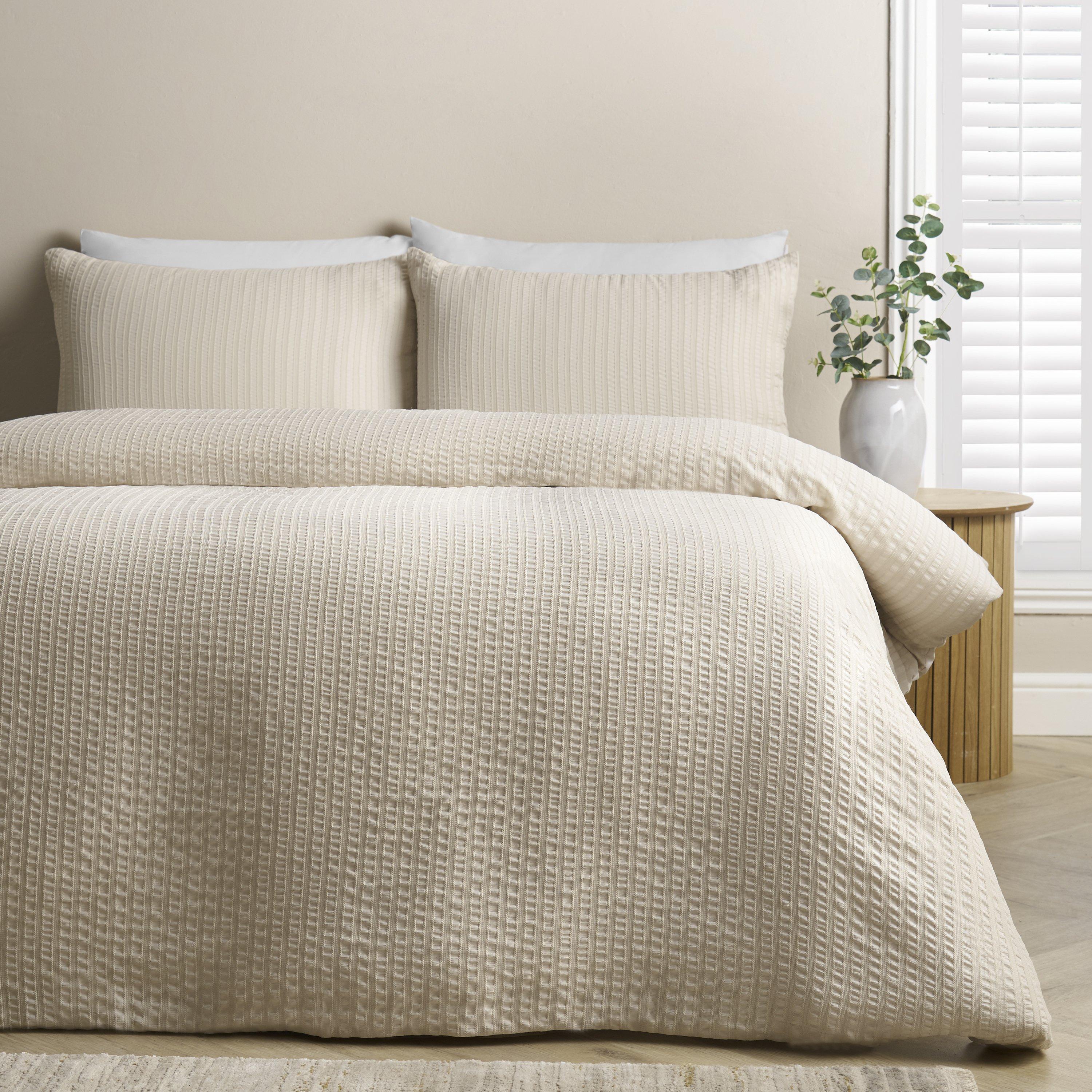Natural - Catherine Lansfield - Stripe Seersucker Duvet Cover Set - 1