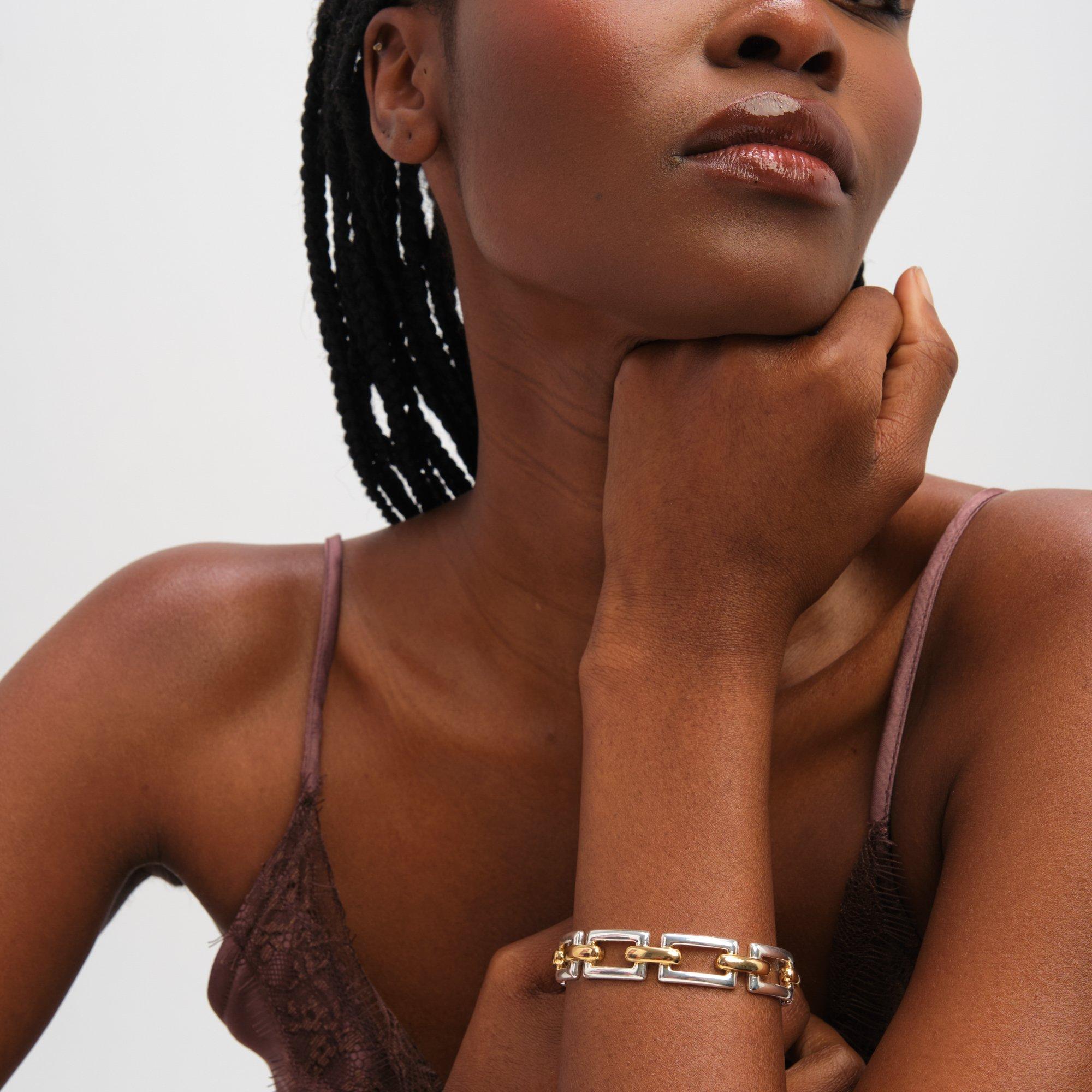 Silver - Inicio - Two Tone Polished Cuff Bracelet - Gift Pouch - 2