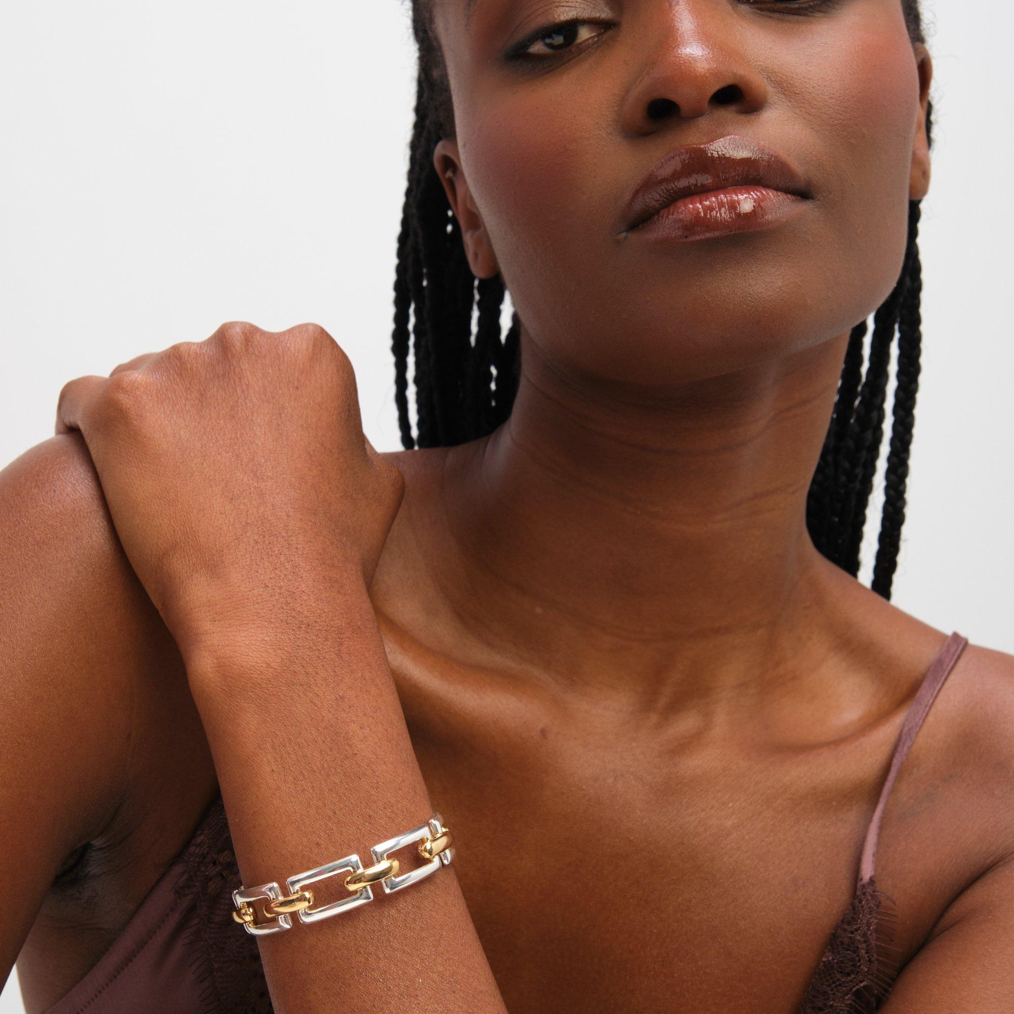 Silver - Inicio - Two Tone Polished Cuff Bracelet - Gift Pouch - 4