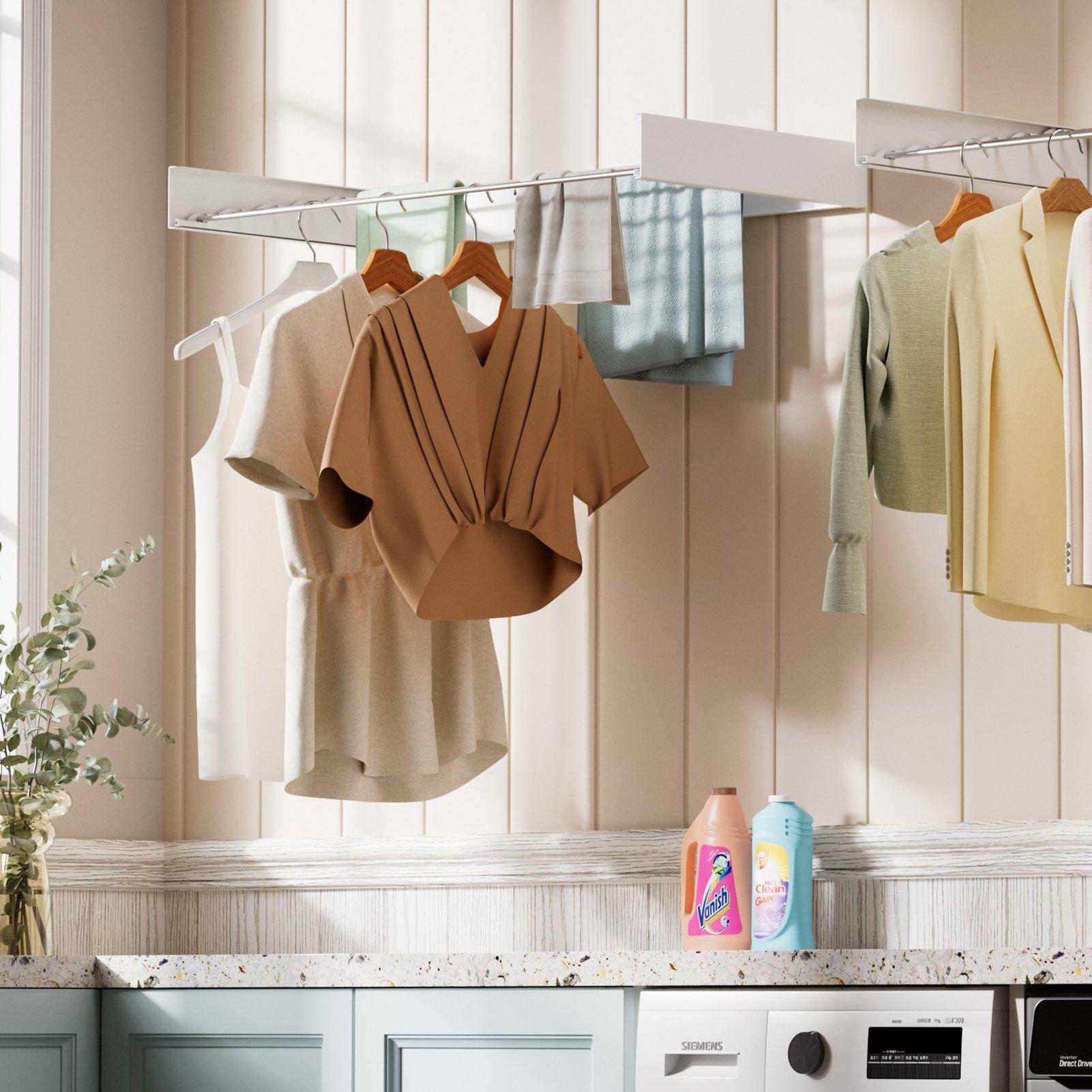 White - LIFE IDEAS - Wall-Mounted Foldable Aluminium Clothes Airer - 2