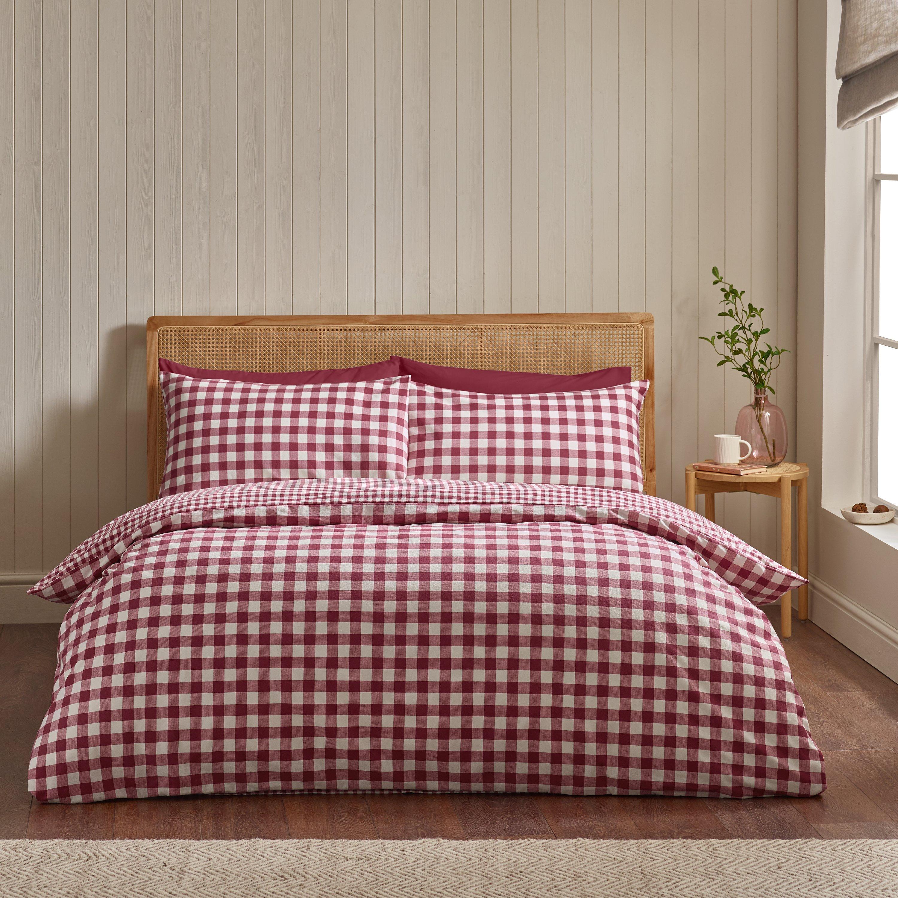 Burgundy - Catherine Lansfield - Brushed Gingham Check Reversible Duvet Cover Set - 1