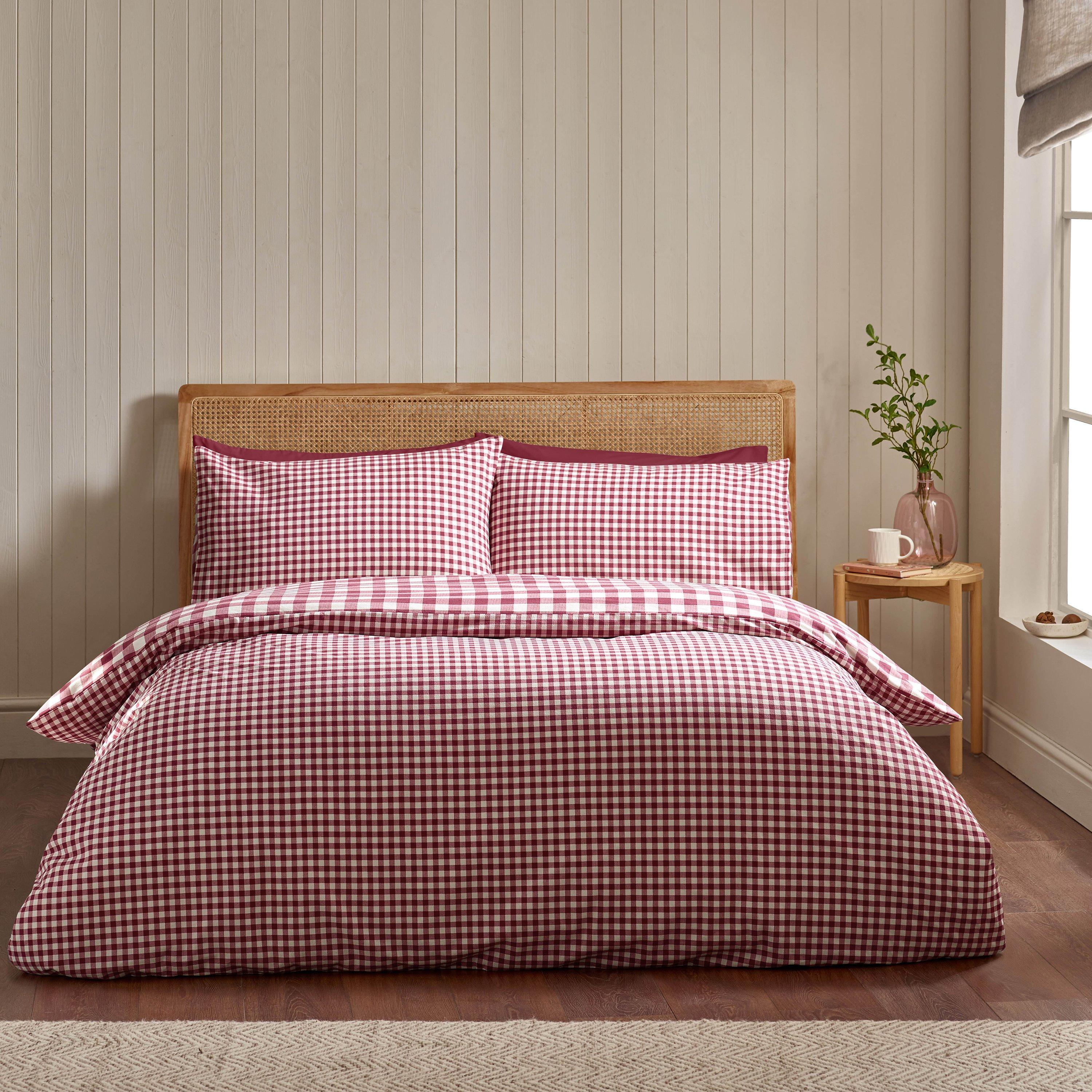 Burgundy - Catherine Lansfield - Brushed Gingham Check Reversible Duvet Cover Set - 2