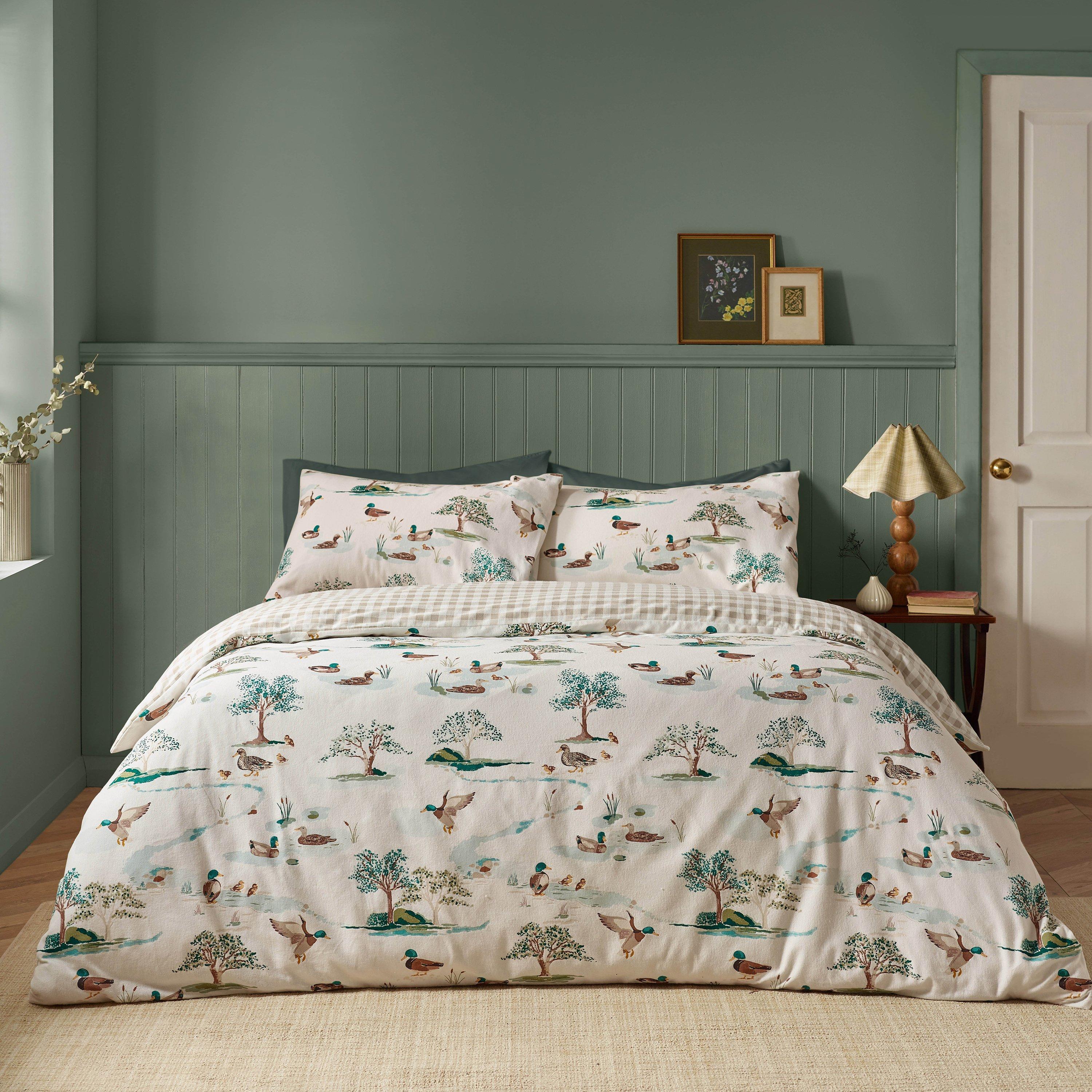 Cream - Catherine Lansfield - Brushed Mallards Cotton Reversible Duvet Cover Set - 1