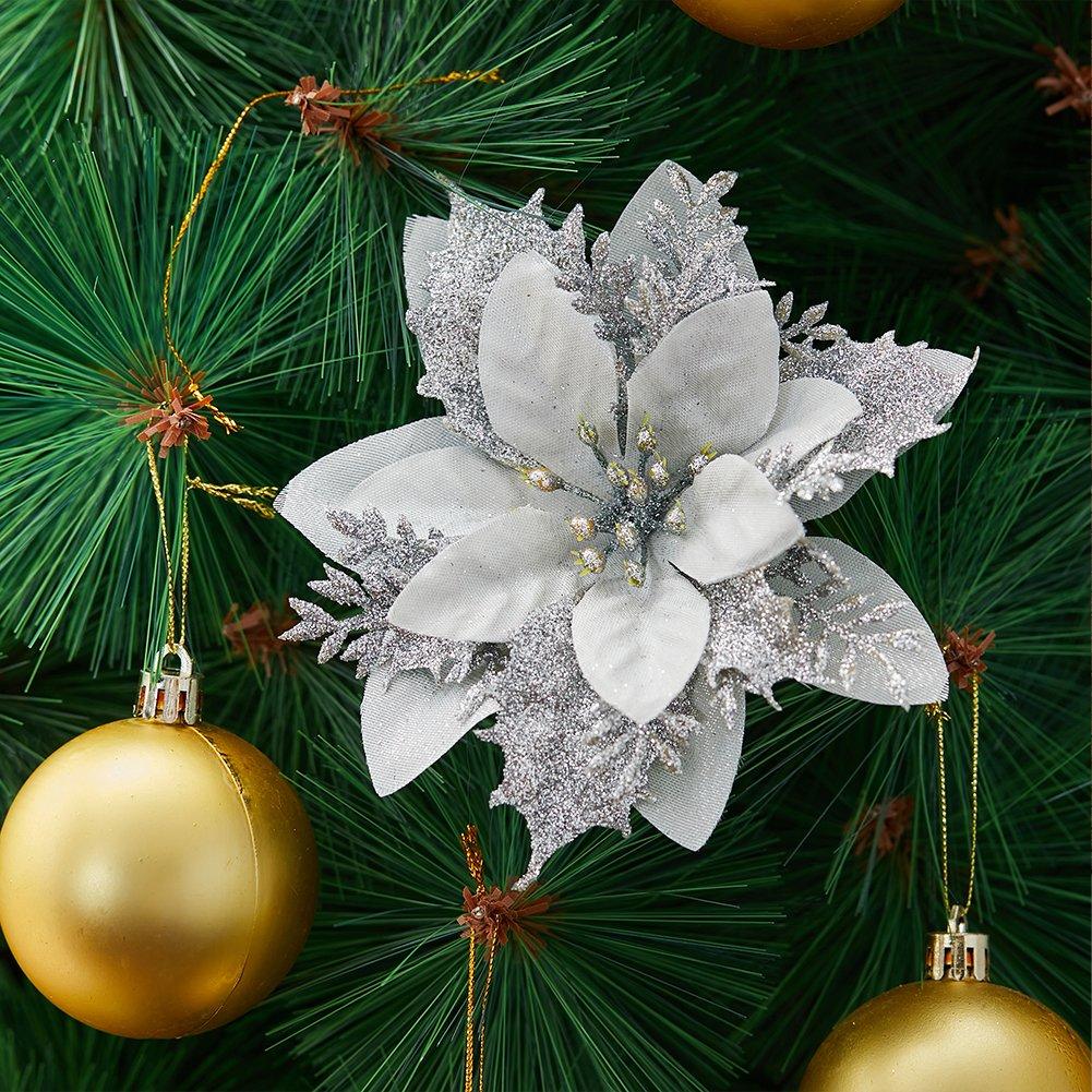 Life Ideas  24Pcs Artificial Poinsettia Flowers Set - Silver