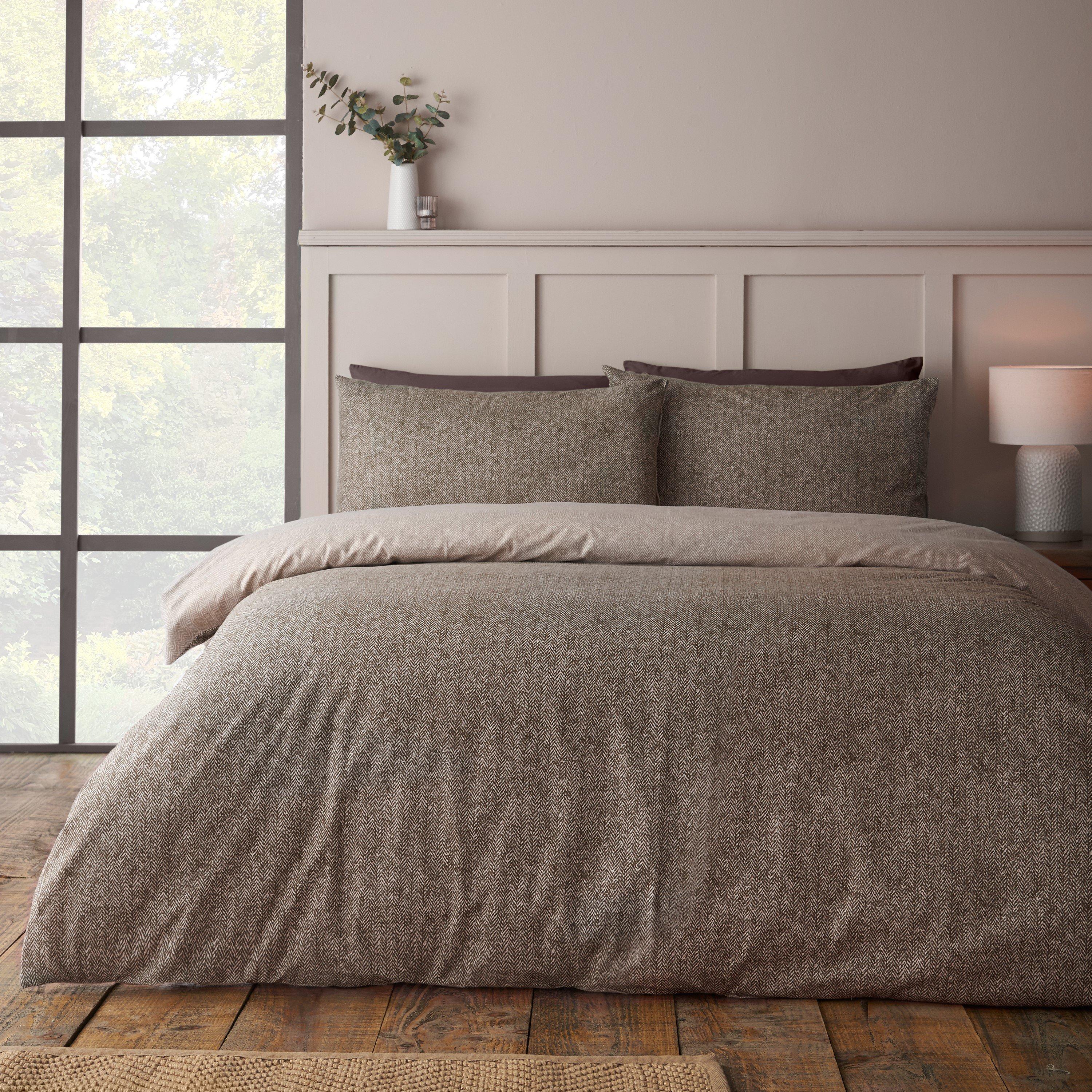 Chocolate - Catherine Lansfield - Brushed Herringbone Cotton Duvet Cover Set - 1