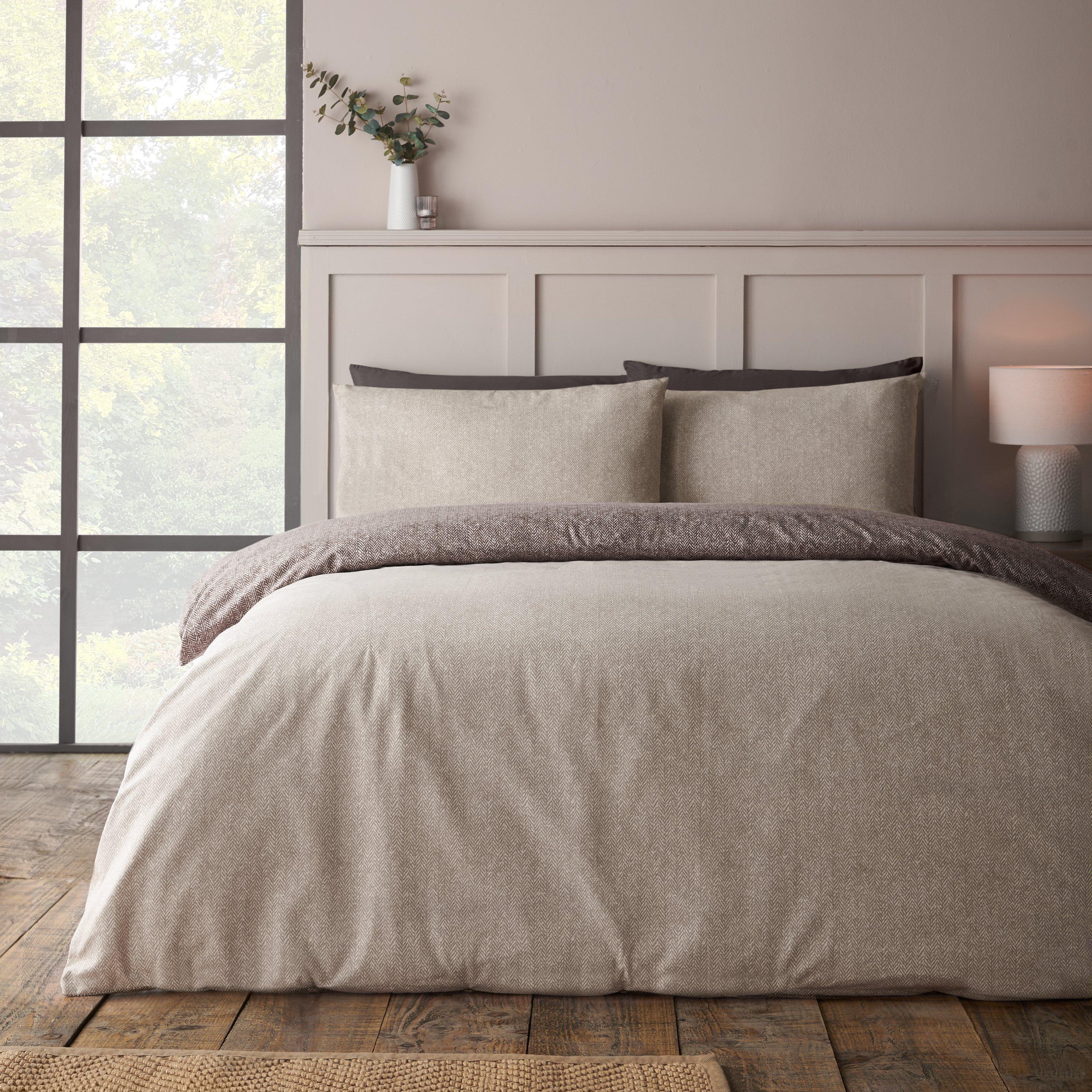 Chocolate - Catherine Lansfield - Brushed Herringbone Cotton Duvet Cover Set - 2