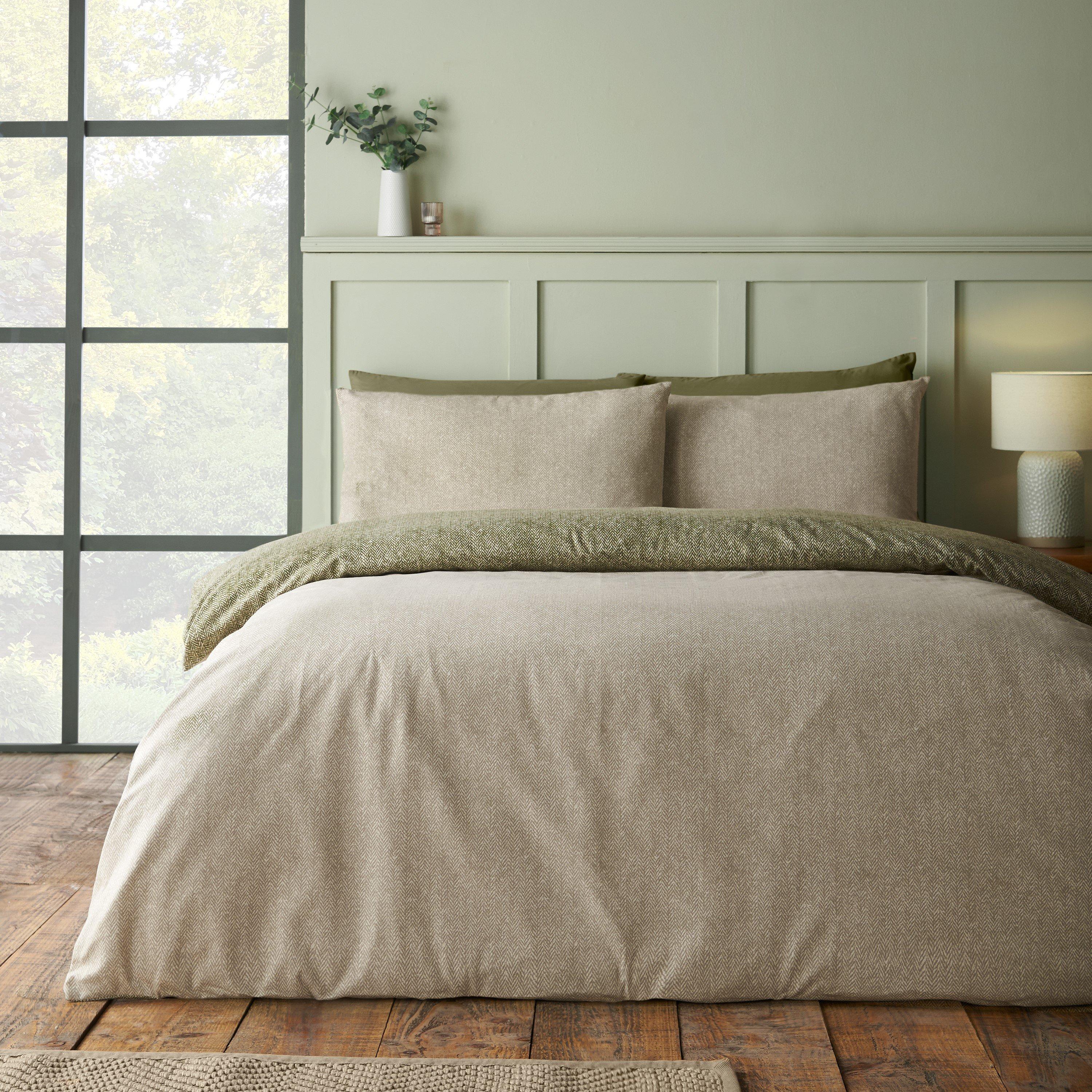 Green - Catherine Lansfield - Brushed Herringbone Cotton Duvet Cover Set - 2