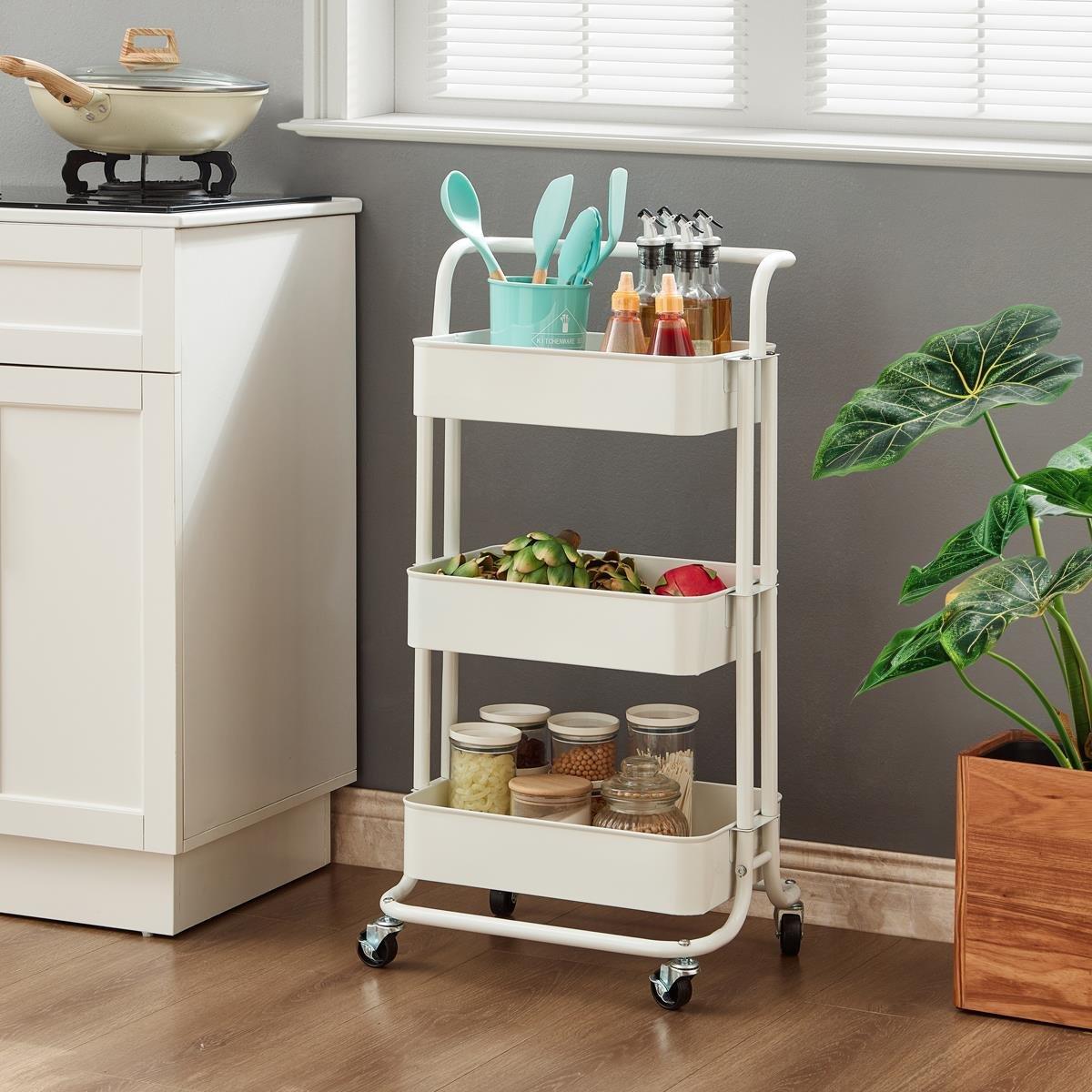 House Of Home  3-Tier Storage Trolley Cart With Rolling Wheels - White
