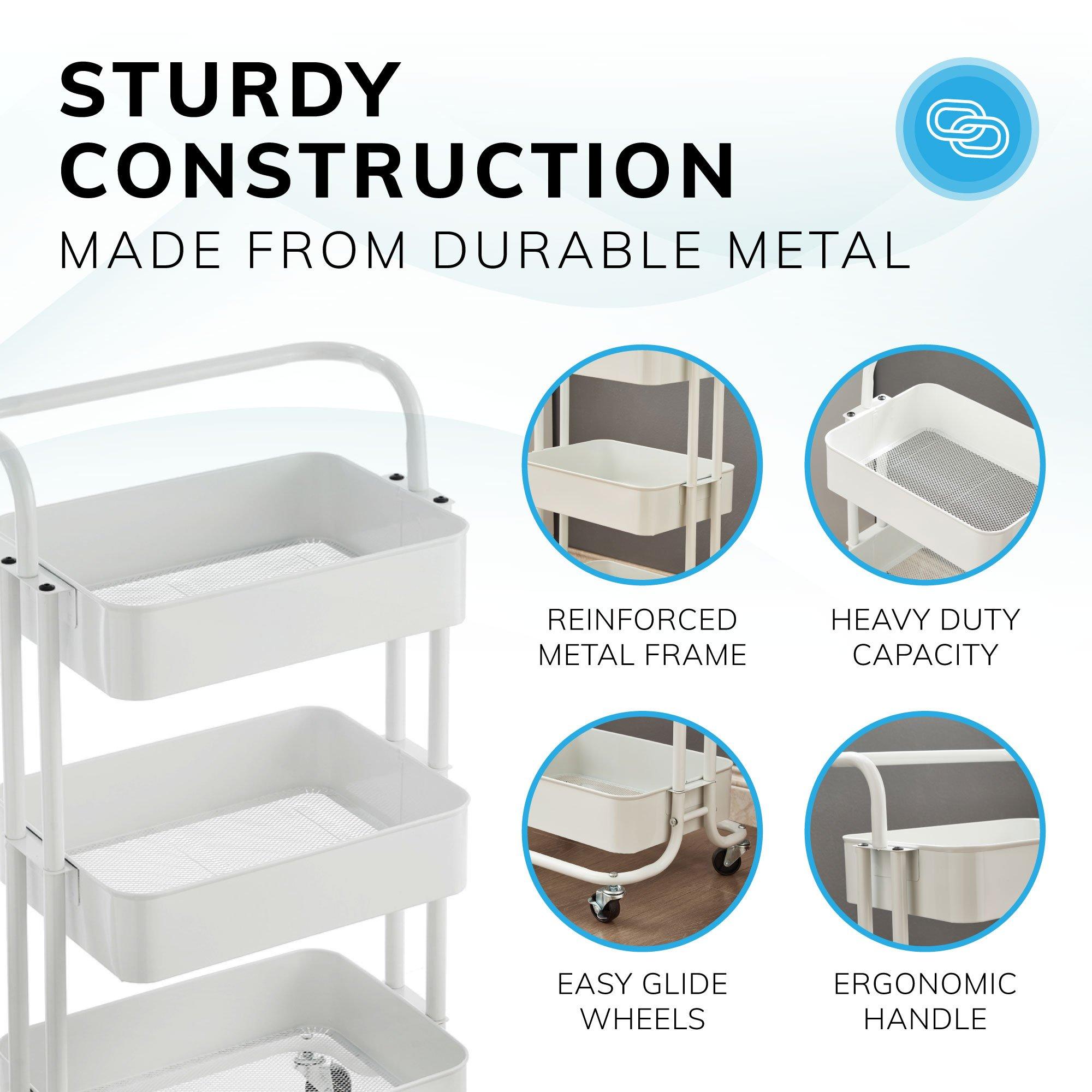 White - House of Home - 3-Tier Storage Trolley Cart with Rolling Wheels - 4