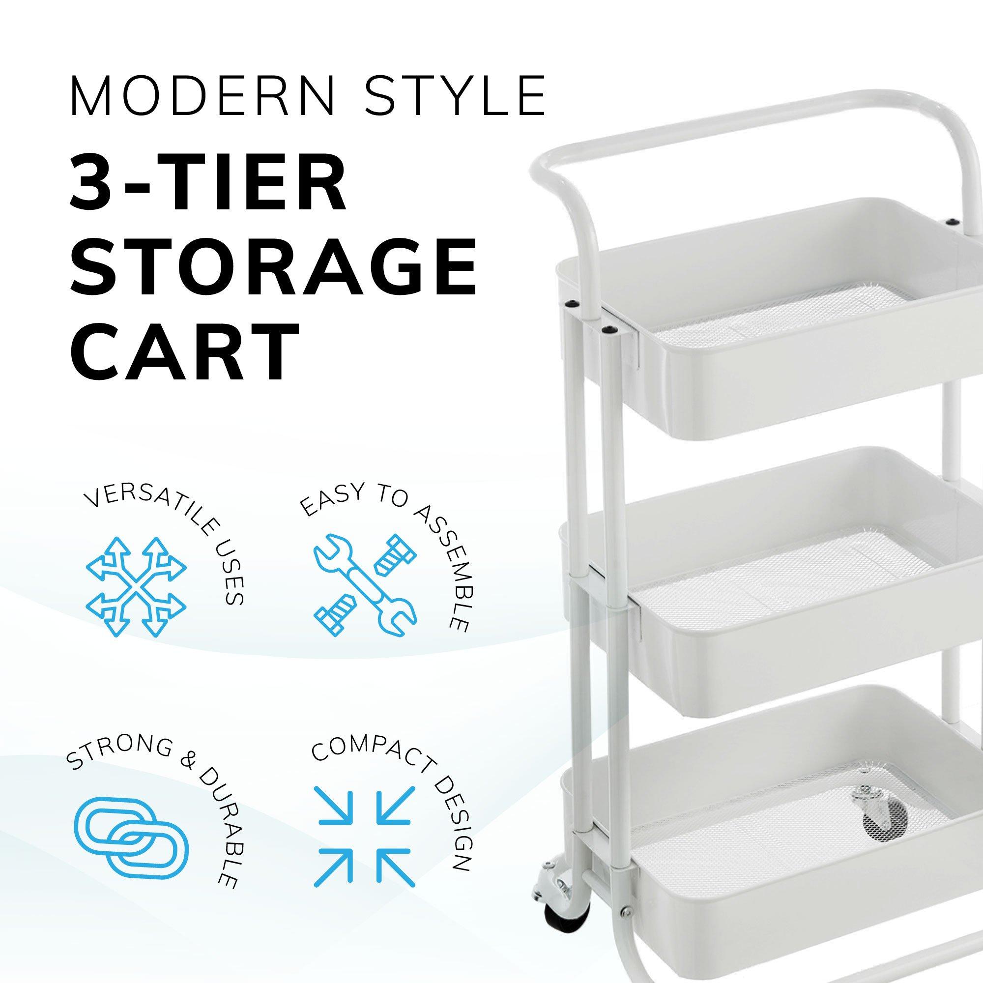 White - House of Home - 3-Tier Storage Trolley Cart with Rolling Wheels - 5