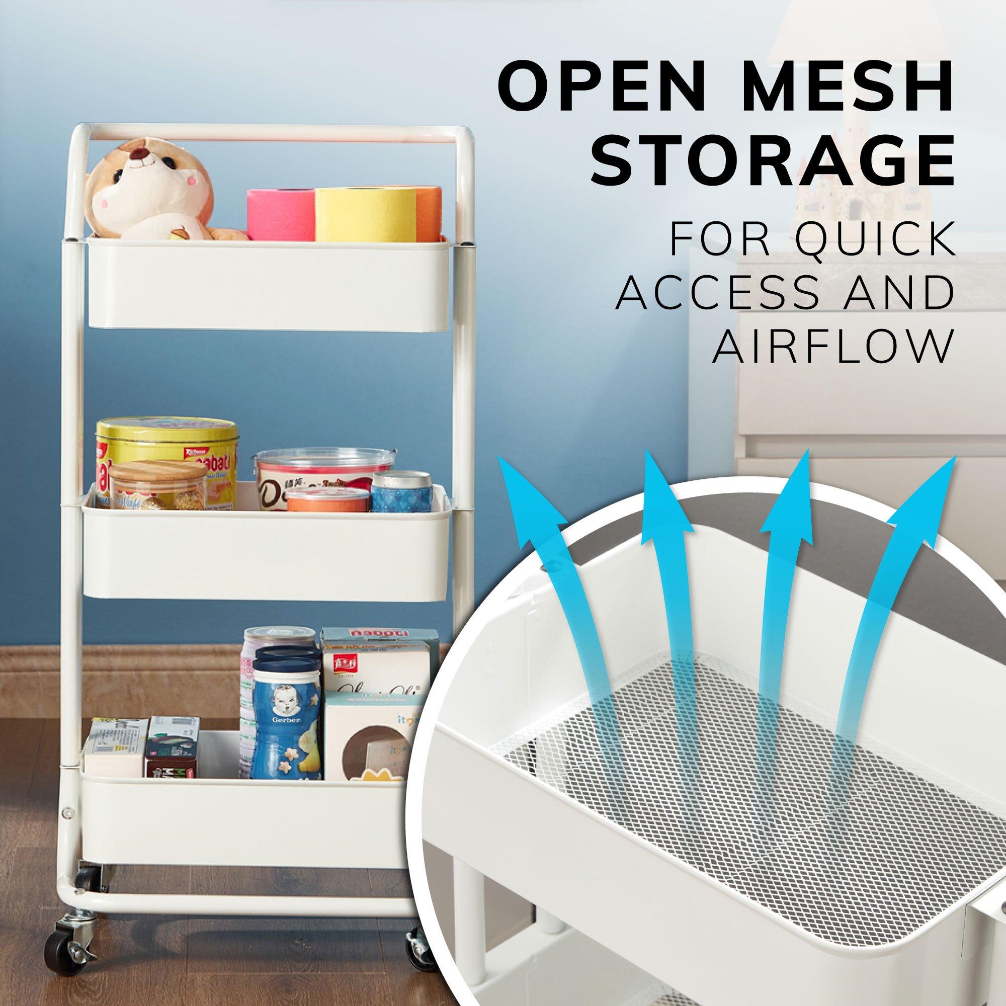 White - House of Home - 3-Tier Storage Trolley Cart with Rolling Wheels - 6