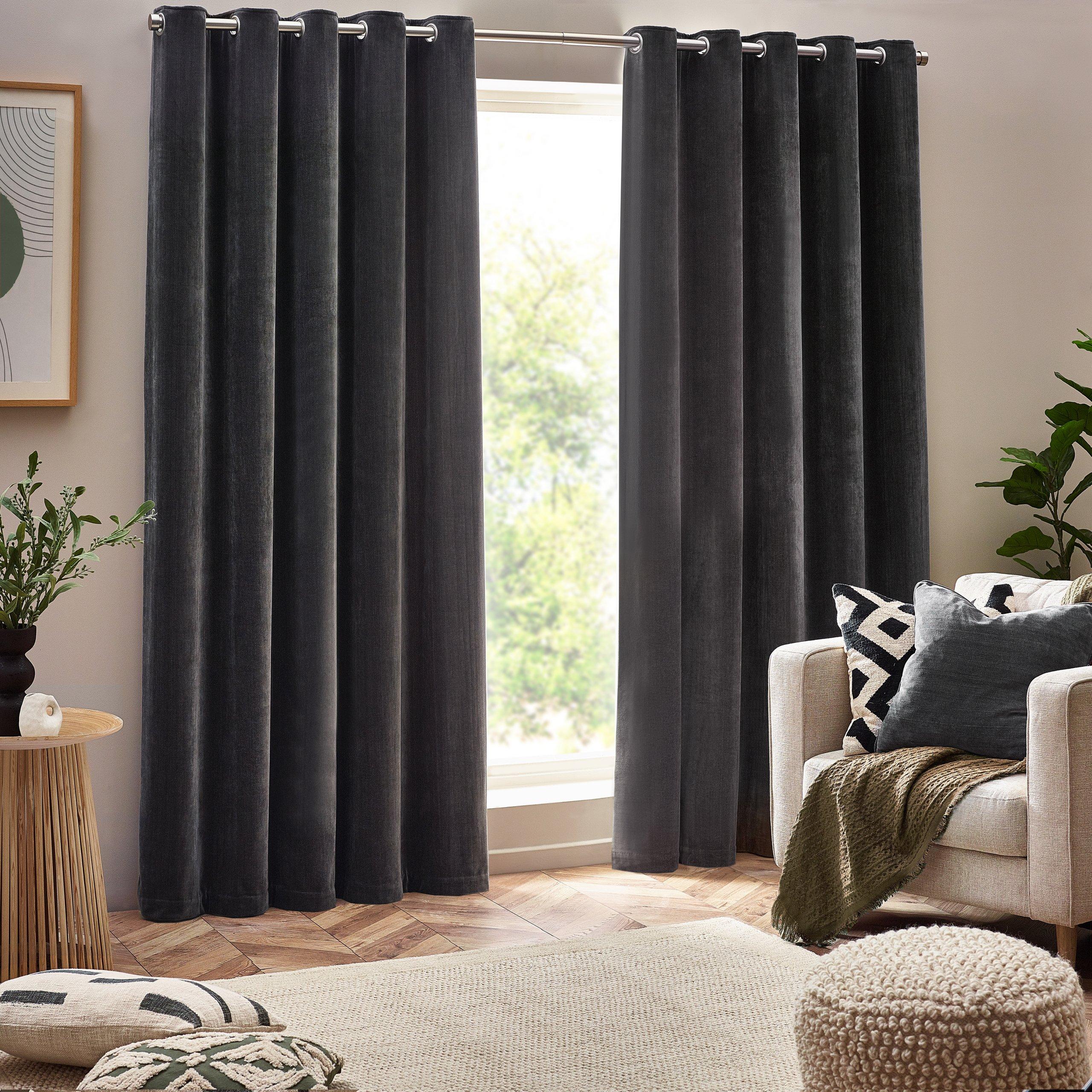 Charcoal - Yard - Heavy Chenille Velvet Eyelet Curtains - 1