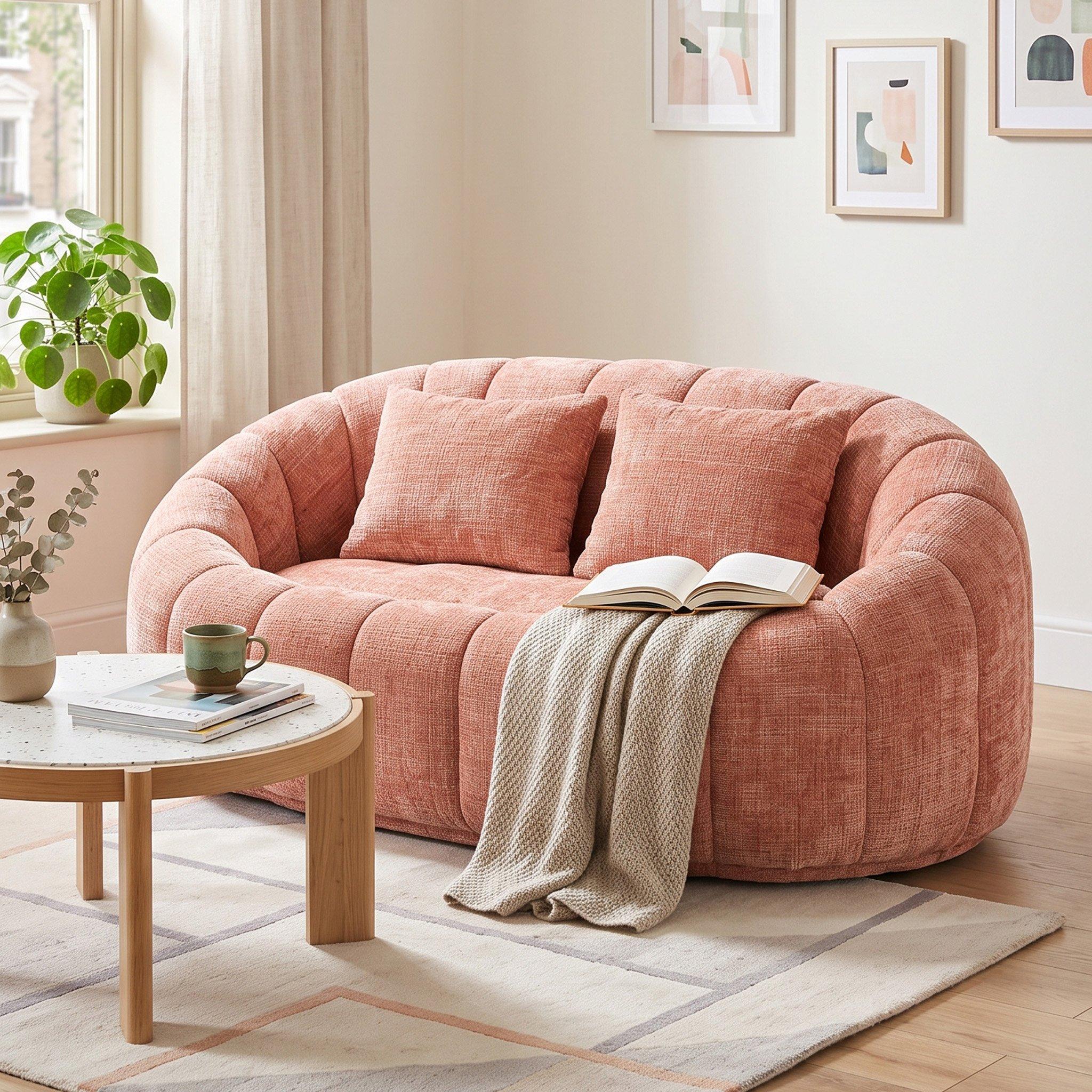 Pink - Urban Meuble - Chenille Memory Foam Bean Bag Loveseat Sofa - 2