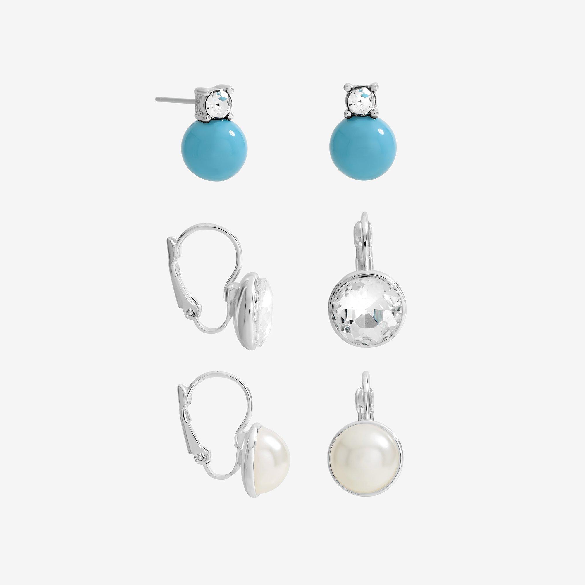 Mood Women's Crystal And Pearl Charm Hoops - Pack Of 3 Silver