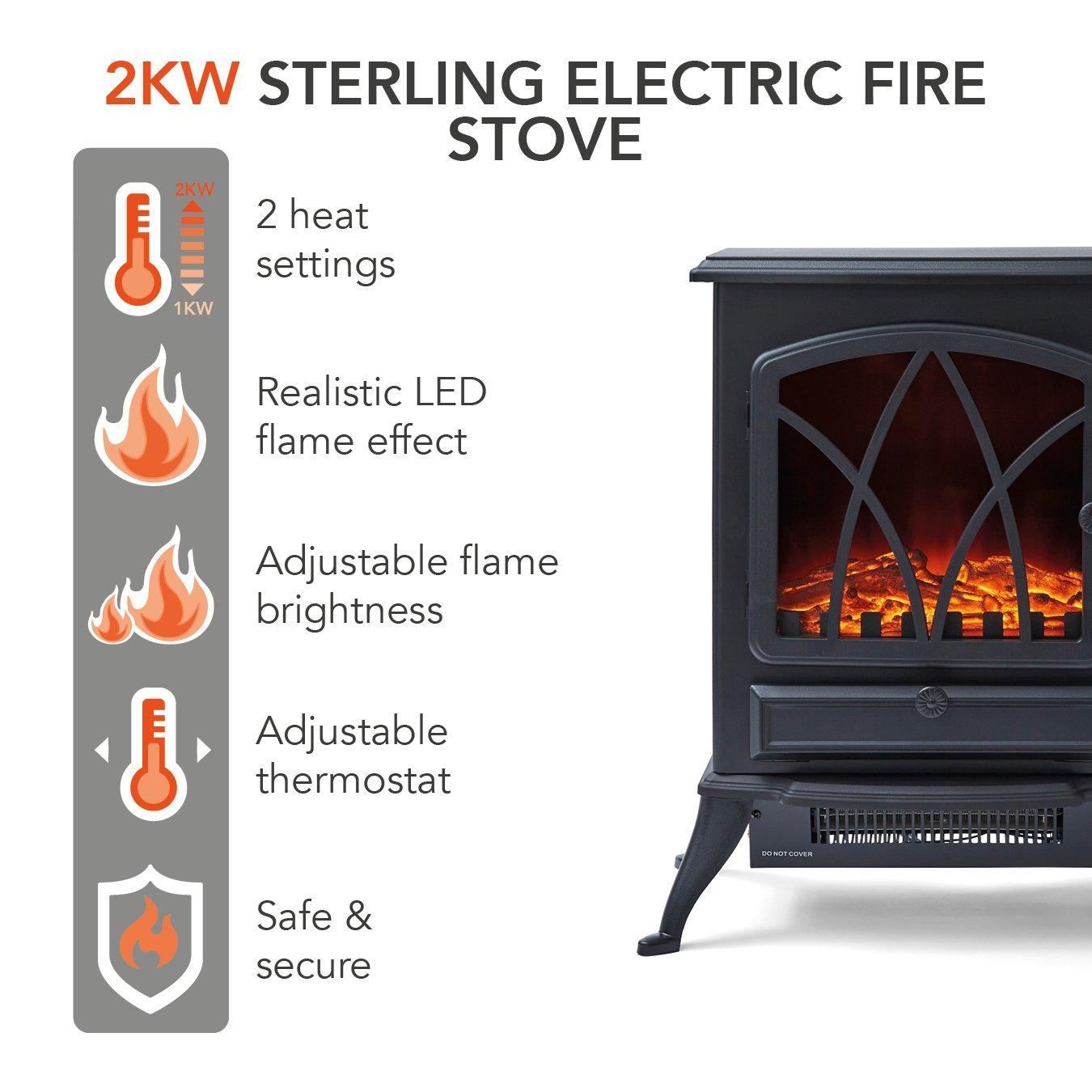 Black - Warmlite - 2KW Stirling Electric Fire Stove Black - 2