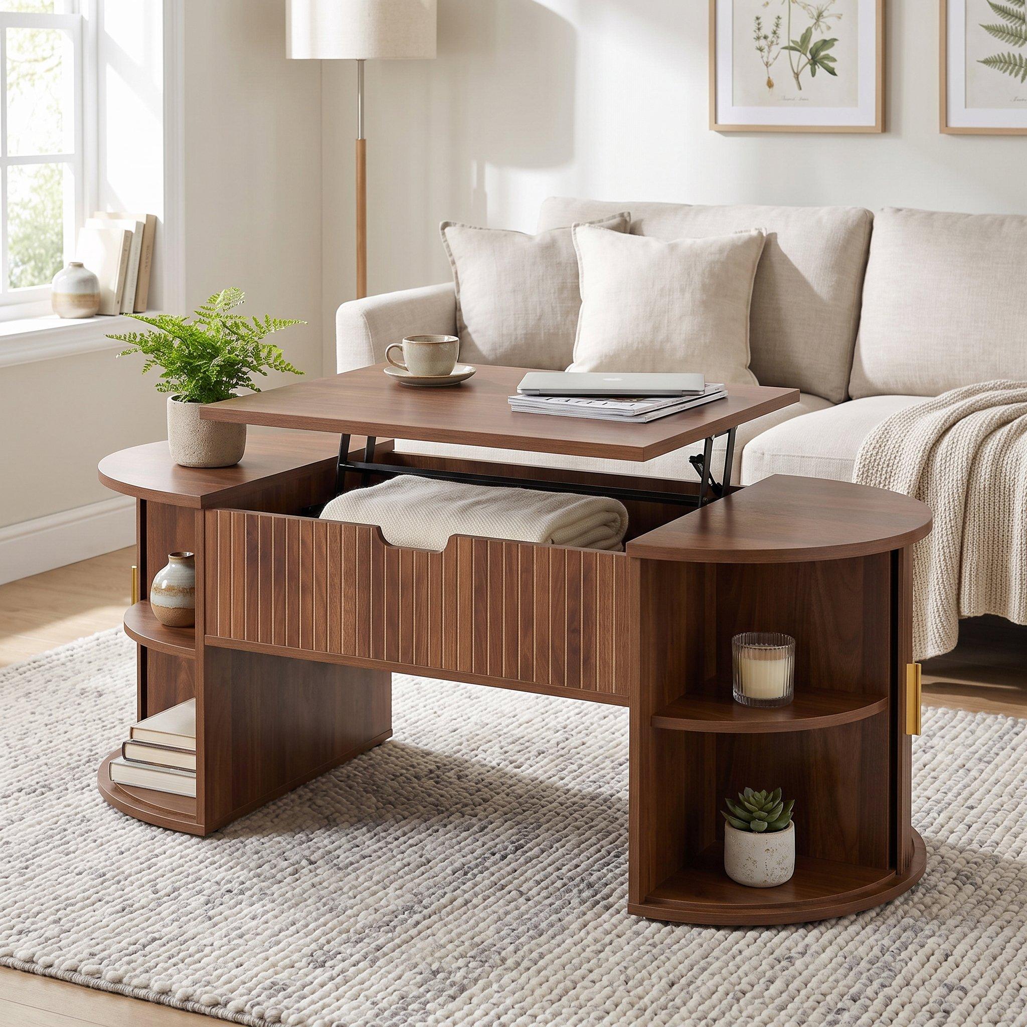 Walnut - Urban Meuble - Modern Oval Lift-Top Coffee Table - 1