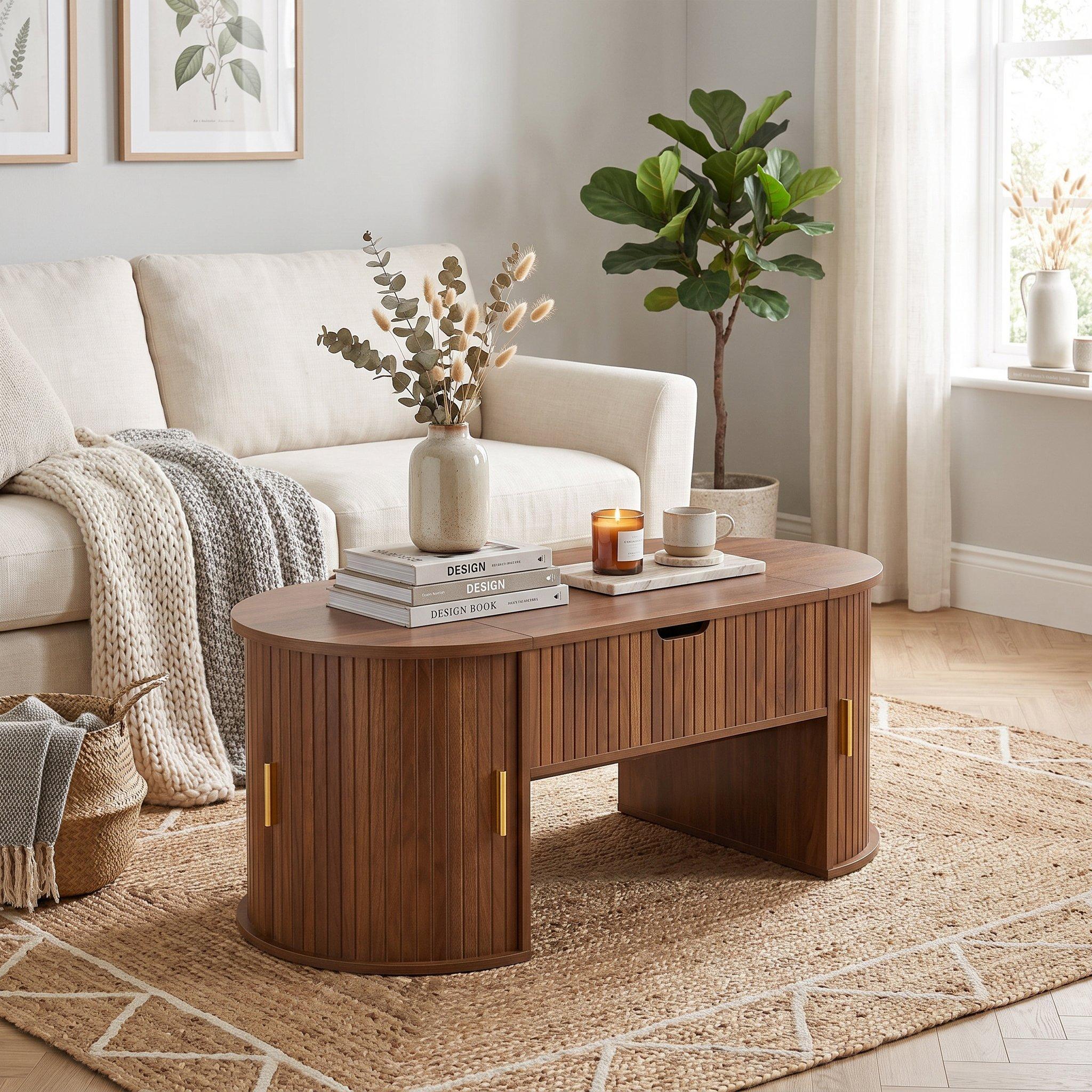 Walnut - Urban Meuble - Modern Oval Lift-Top Coffee Table - 2