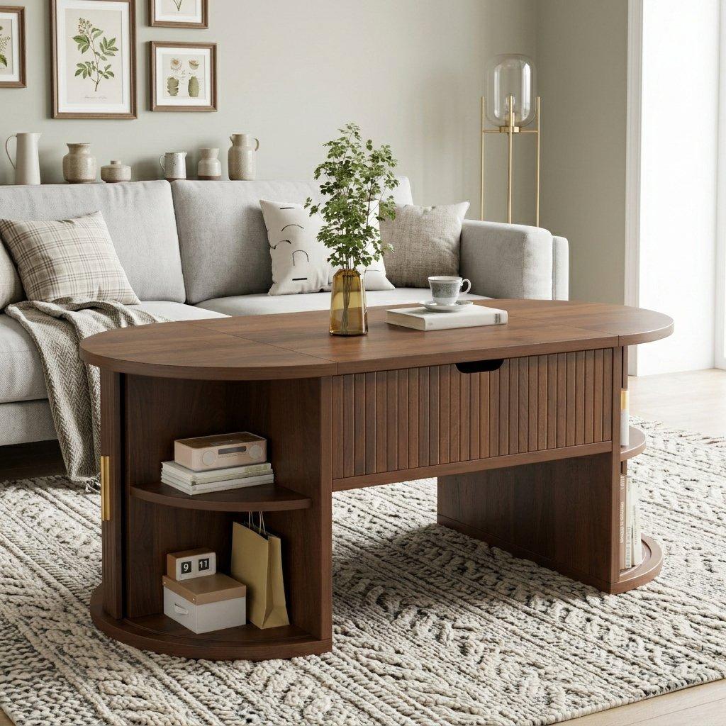Walnut - Urban Meuble - Modern Oval Lift-Top Coffee Table - 3