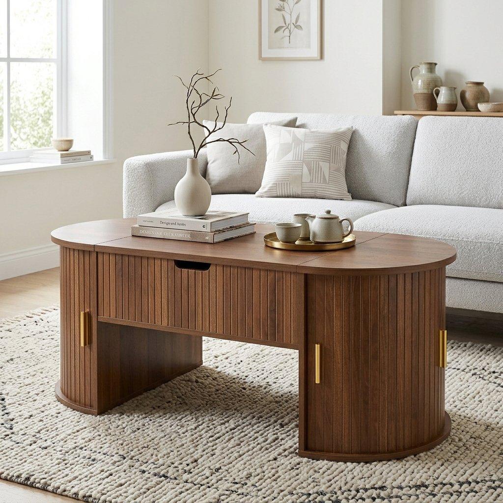 Walnut - Urban Meuble - Modern Oval Lift-Top Coffee Table - 4