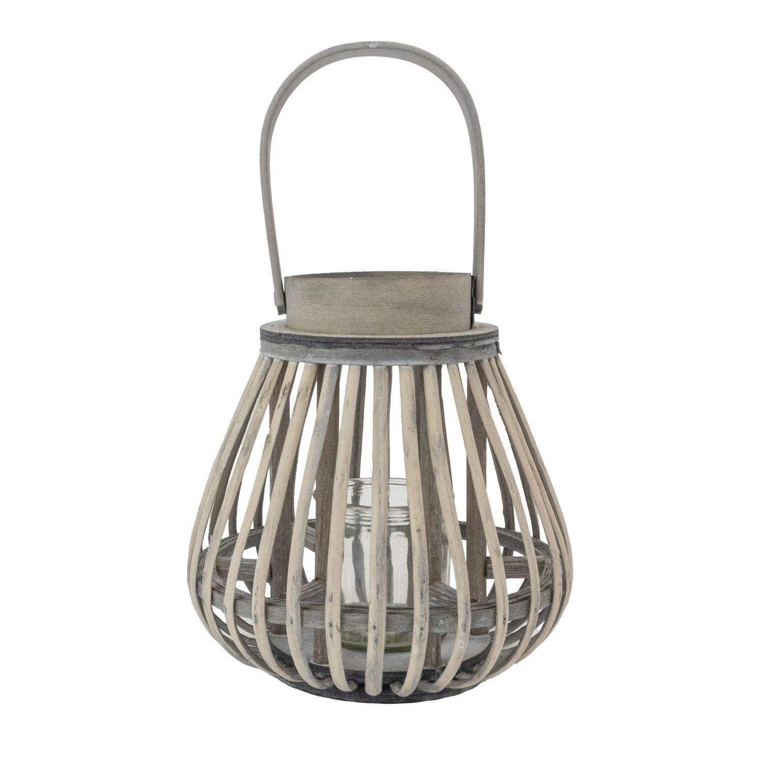 Grey - JVL - Luna Natural Bulb Shaped Willow Wood Lantern W - 1