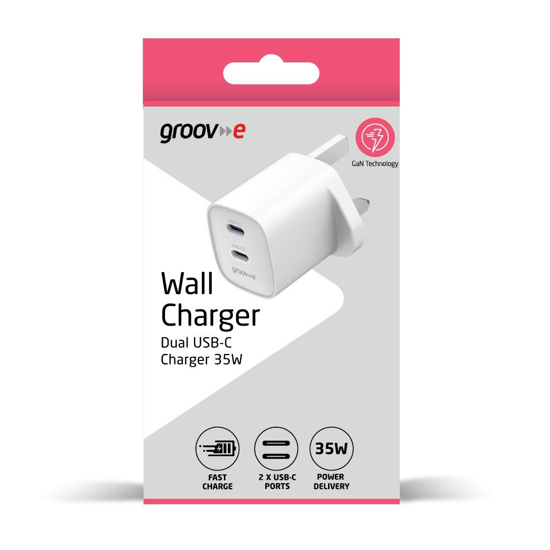 White - Groov-e - Dual USB-C 35W GaN Wall Charger with Power Deliver - 2