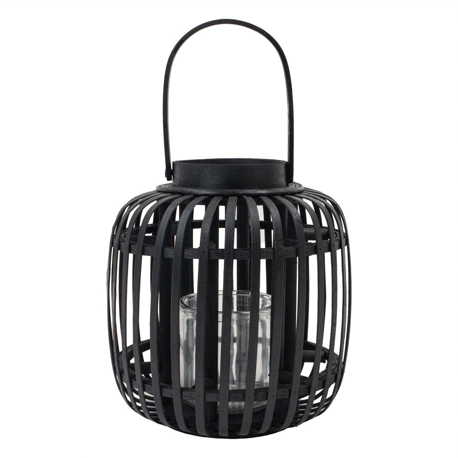 Black - JVL - Luna Natural Bamboo Lantern With Handle - Blac - 1