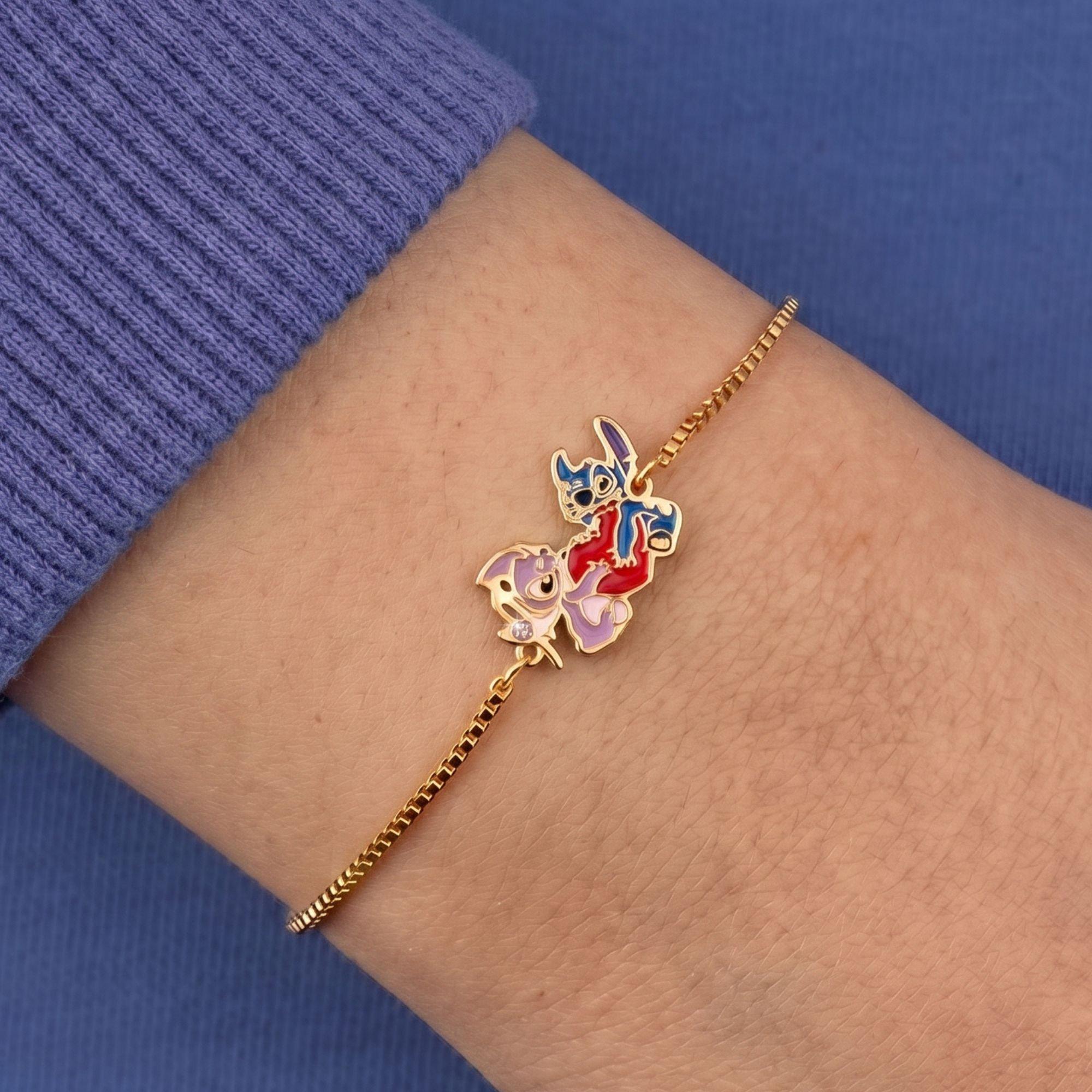 Gold - Disney Stitch - Stitch and Angel gold plated heart lariat bracelet - 2