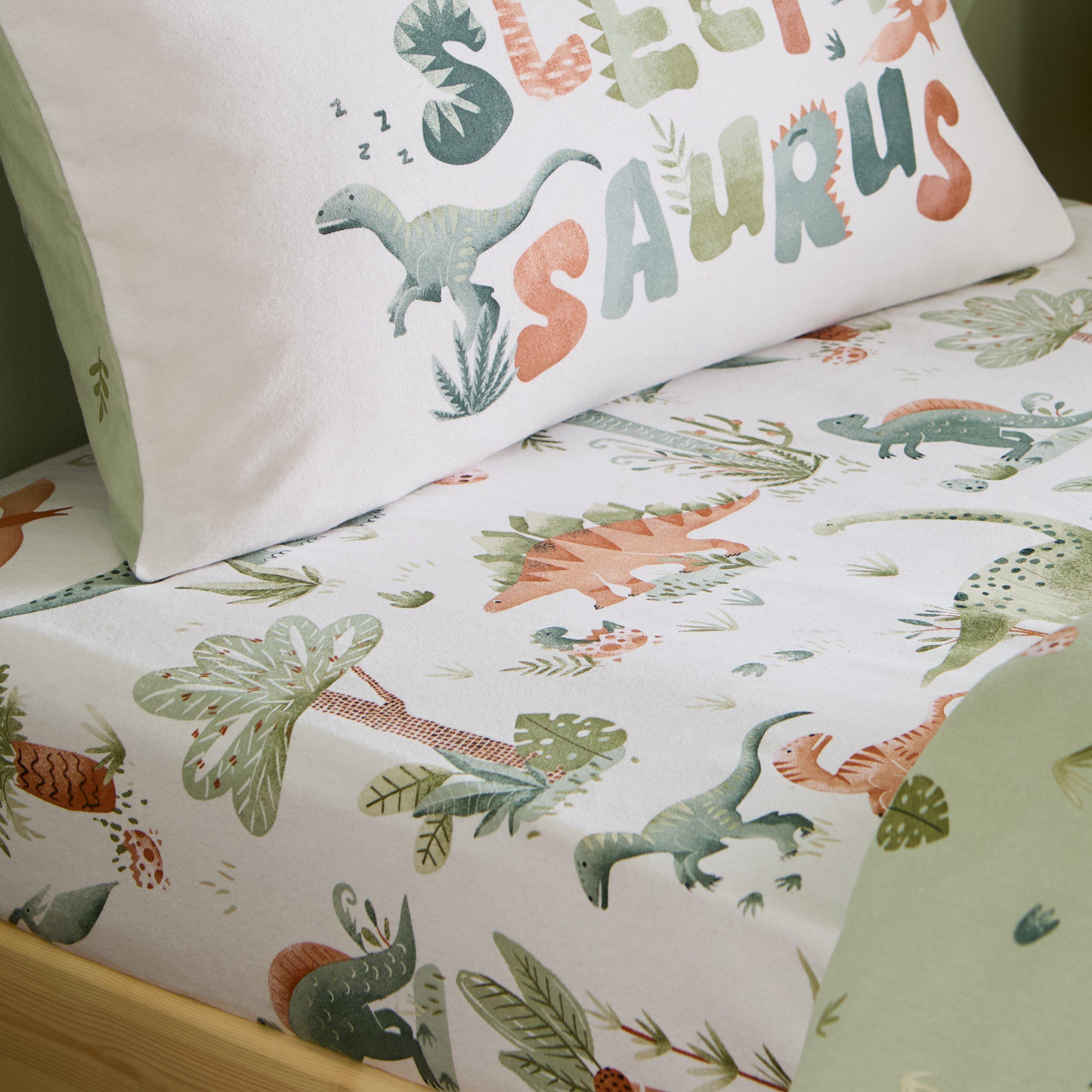 Cream - Catherine Lansfield - Brushed Sleepy Saurus Dino Cotton Fitted Sheet - 1