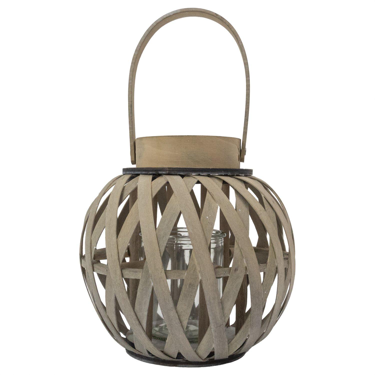 Grey - JVL - Luna Natural Round Wood Lantern With Handle - - 1