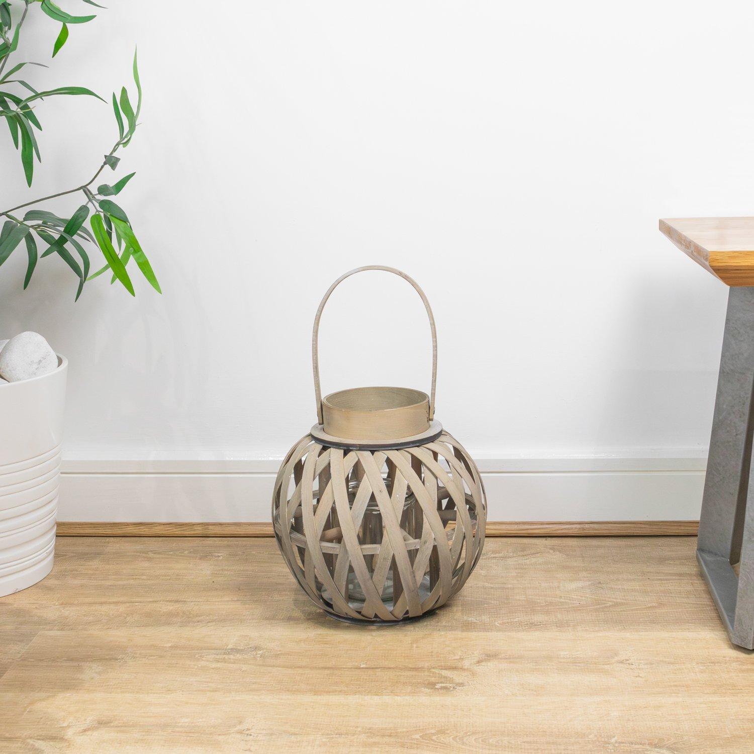 Grey - JVL - Luna Natural Round Wood Lantern With Handle - - 5