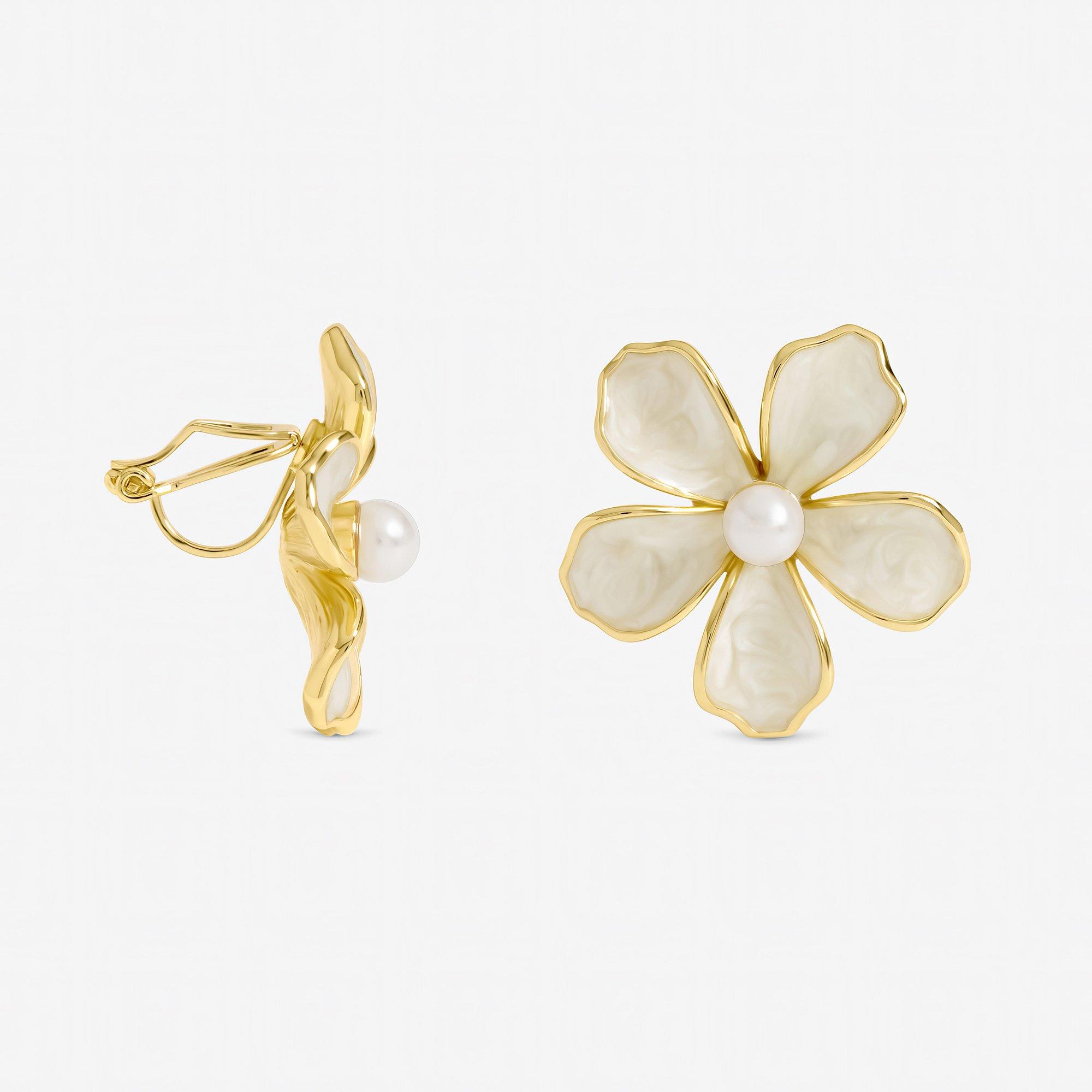 Silver - Jon Richard - Gold Plated and White Enamel Flower Clip Earrings - 1