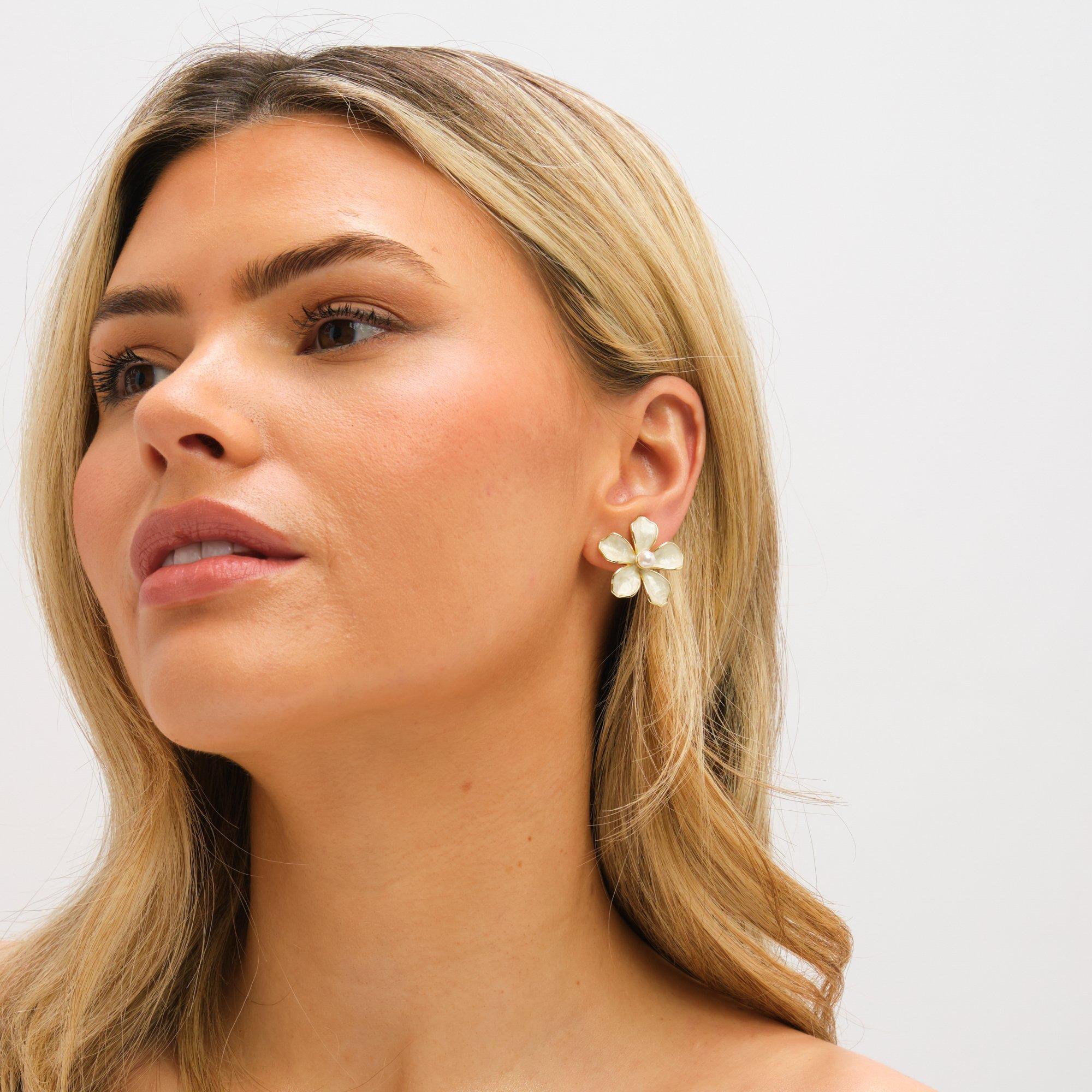 Silver - Jon Richard - Gold Plated and White Enamel Flower Clip Earrings - 2