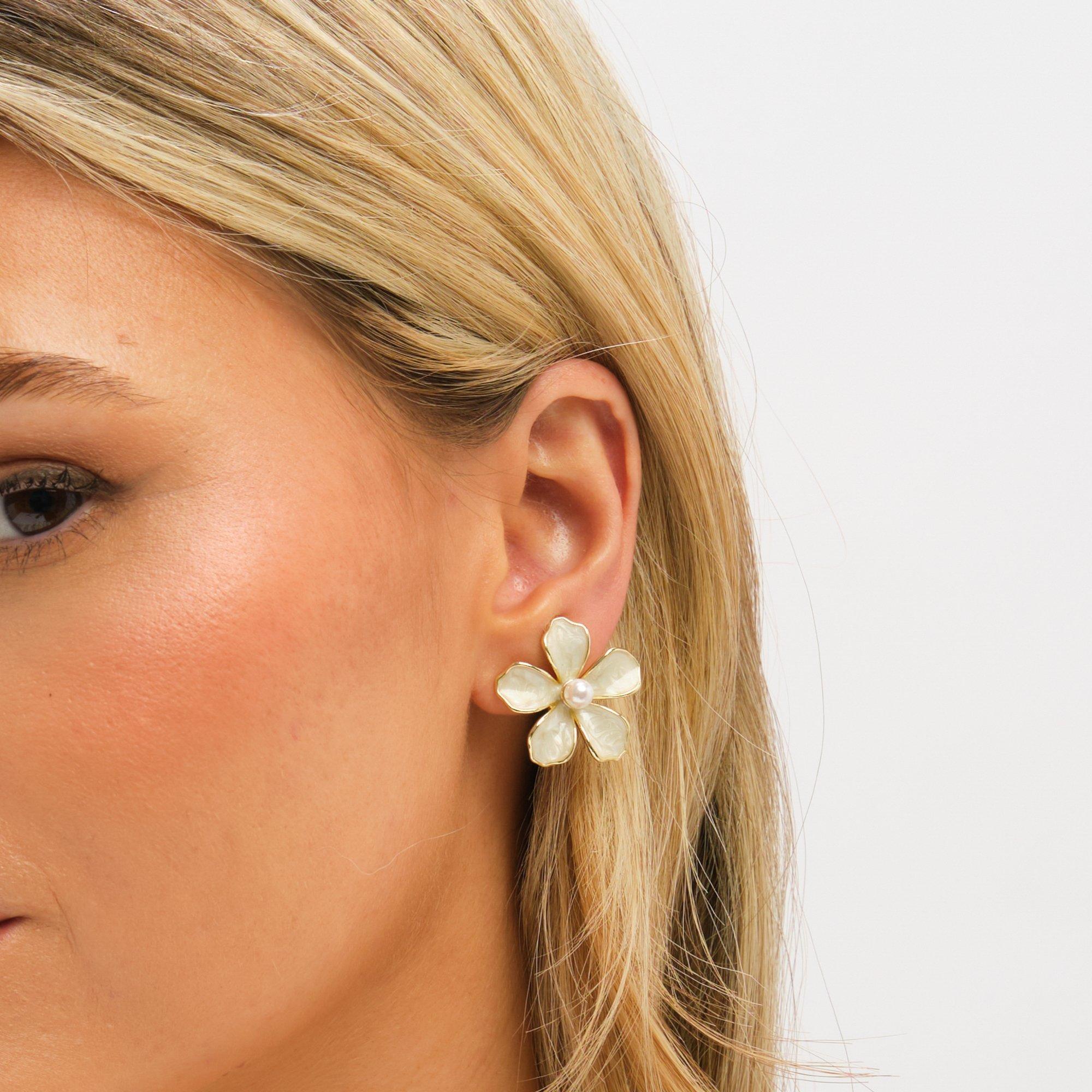 Silver - Jon Richard - Gold Plated and White Enamel Flower Clip Earrings - 3