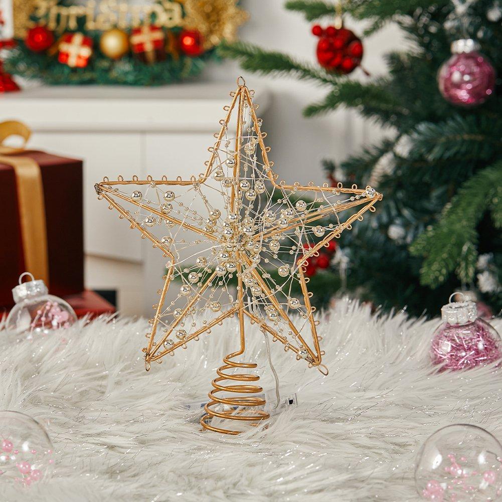Gold - LIFE IDEAS - Metal Pre-Lit Star Tree Topper with Beads - 1
