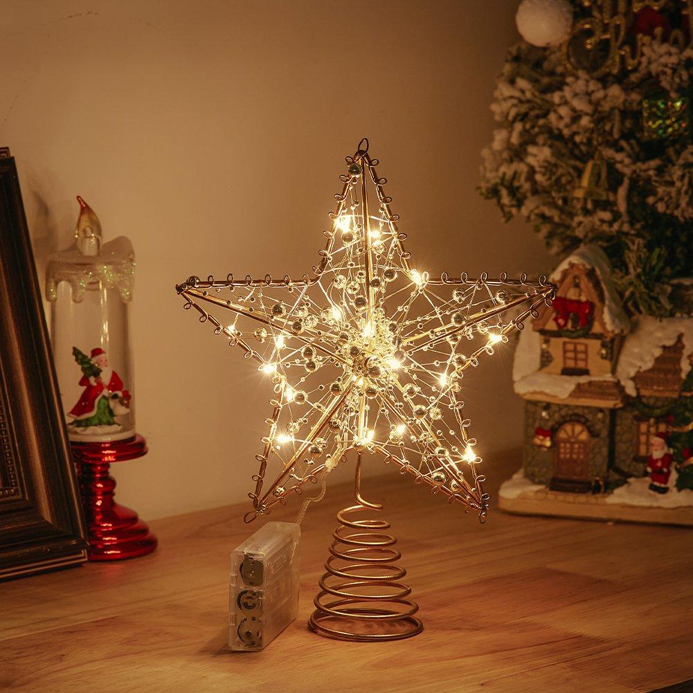 Gold - LIFE IDEAS - Metal Pre-Lit Star Tree Topper with Beads - 2