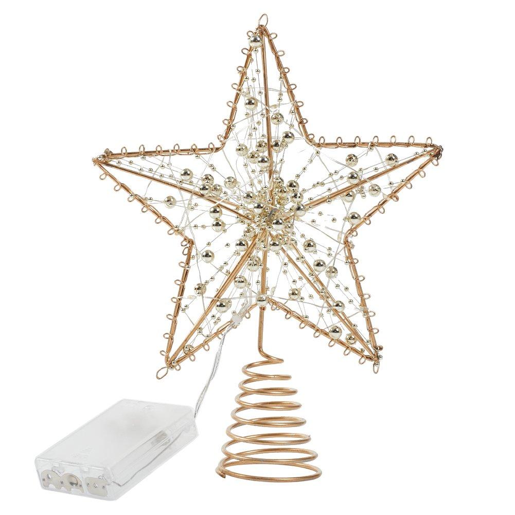 Gold - LIFE IDEAS - Metal Pre-Lit Star Tree Topper with Beads - 3