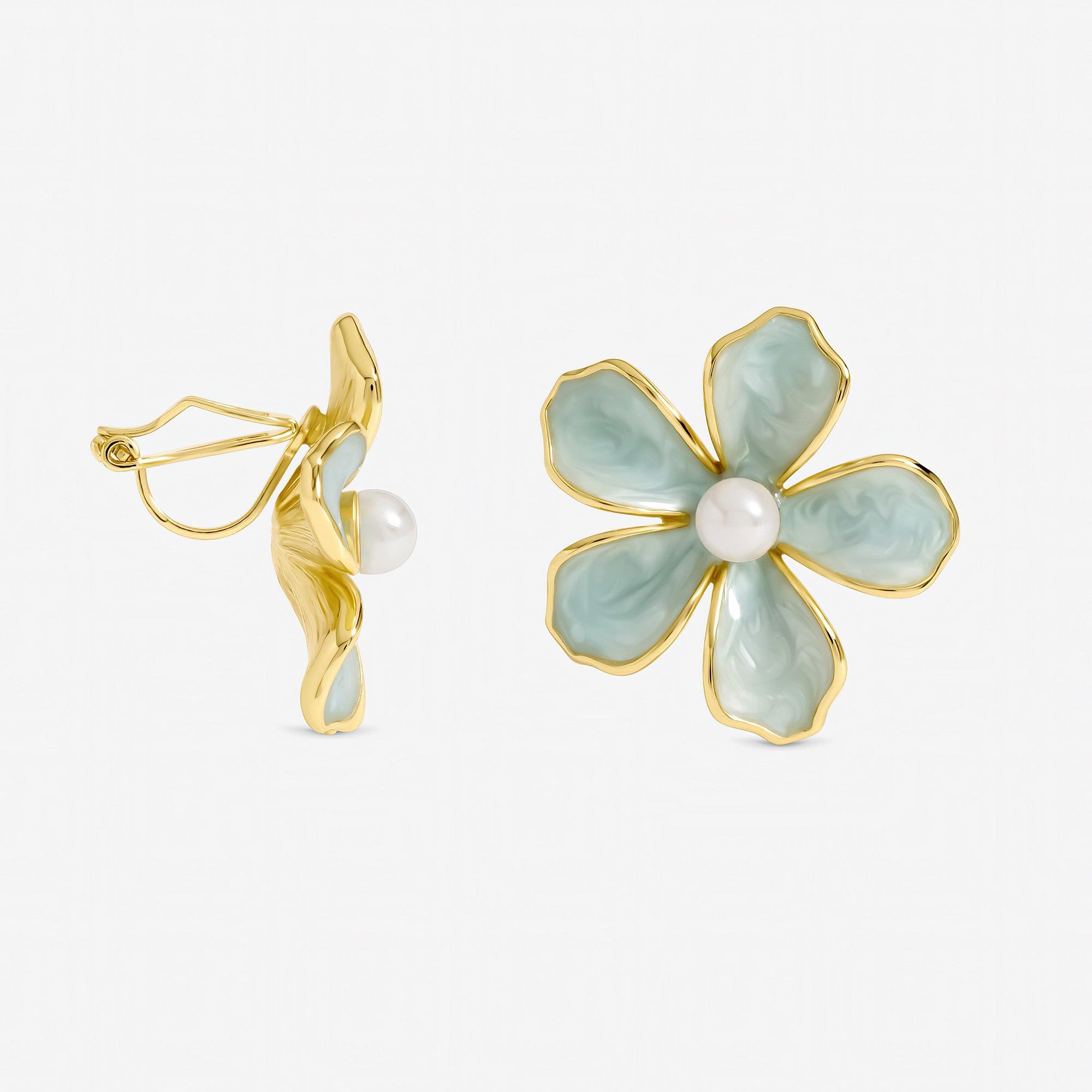 Silver - Jon Richard - Gold Plated and Blue Enamel Flower Clip Earrings - 1