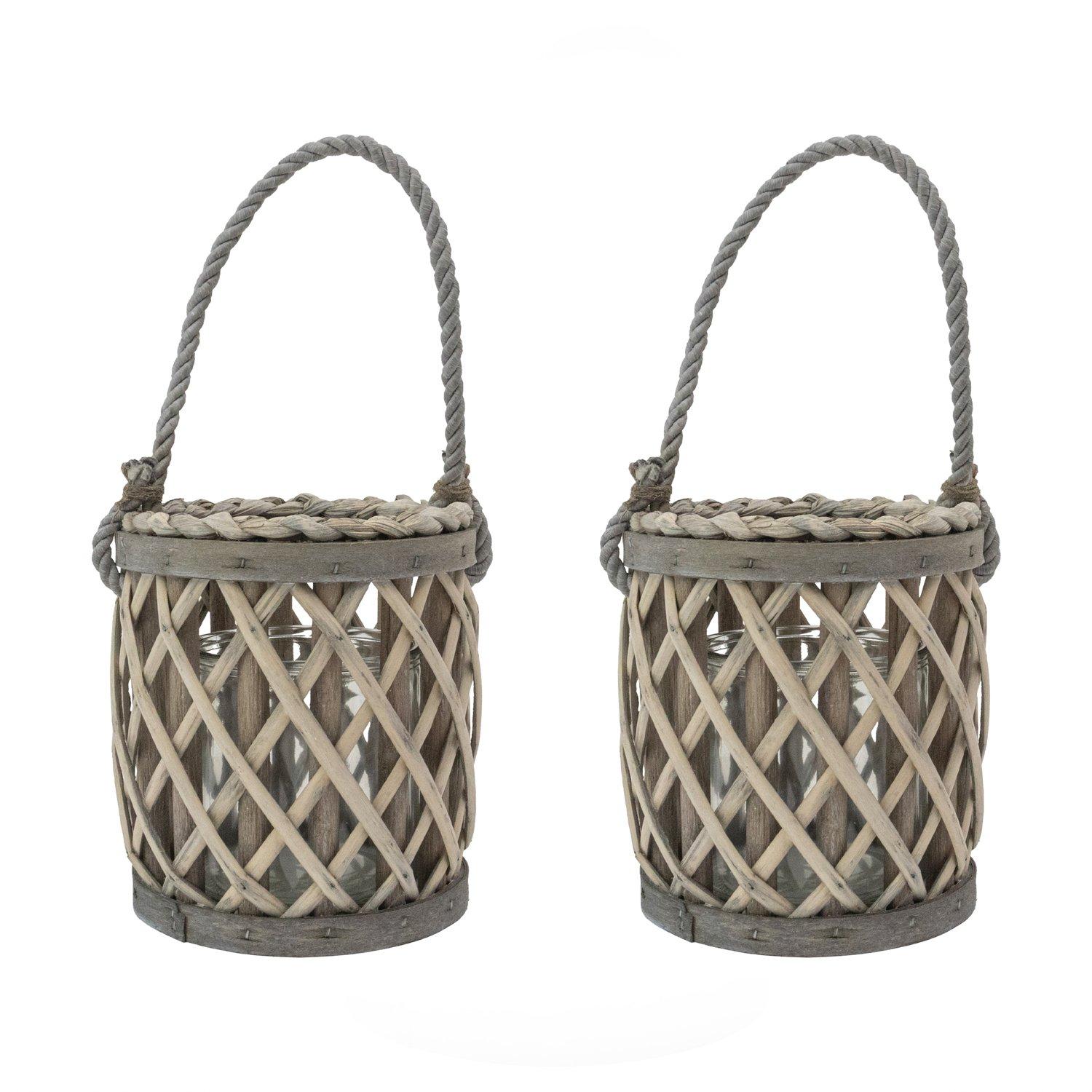 Jvl  Luna Natural Willow Wood Lantern With Braided - Grey  of 2