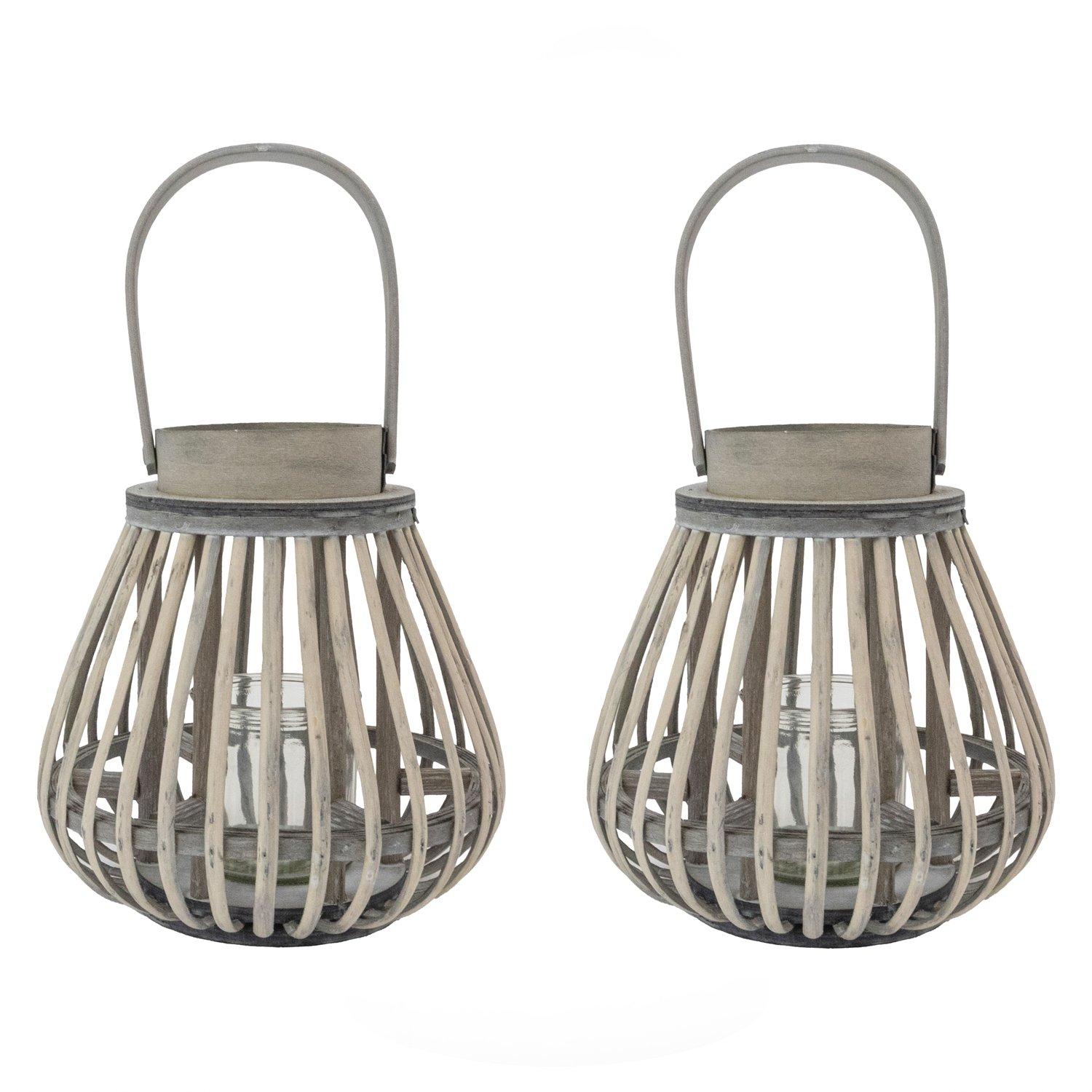 Grey - JVL - Luna Natural Bulb Shaped Willow Wood Lantern W - 1