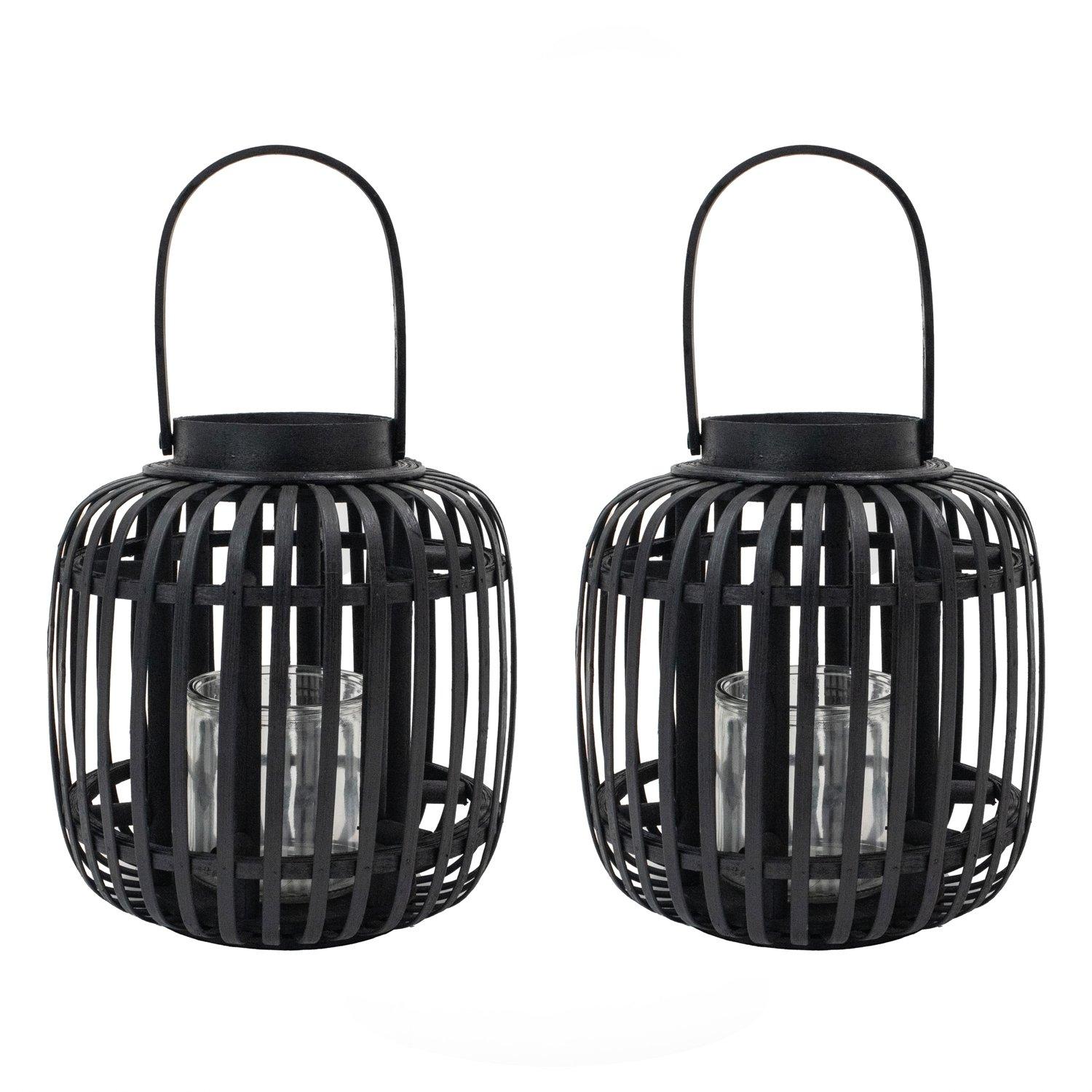 Jvl  Luna Natural Bamboo Lantern With Handle - Blac - Black  of 2
