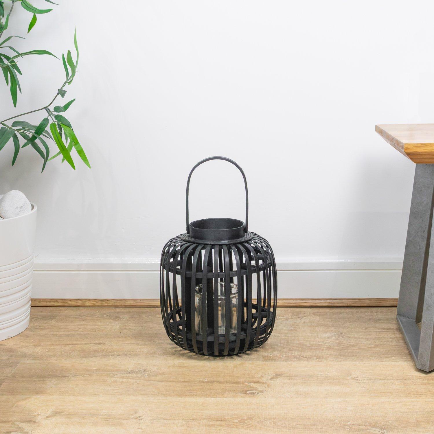 Black - JVL - Luna Natural Bamboo Lantern With Handle - Blac - 5