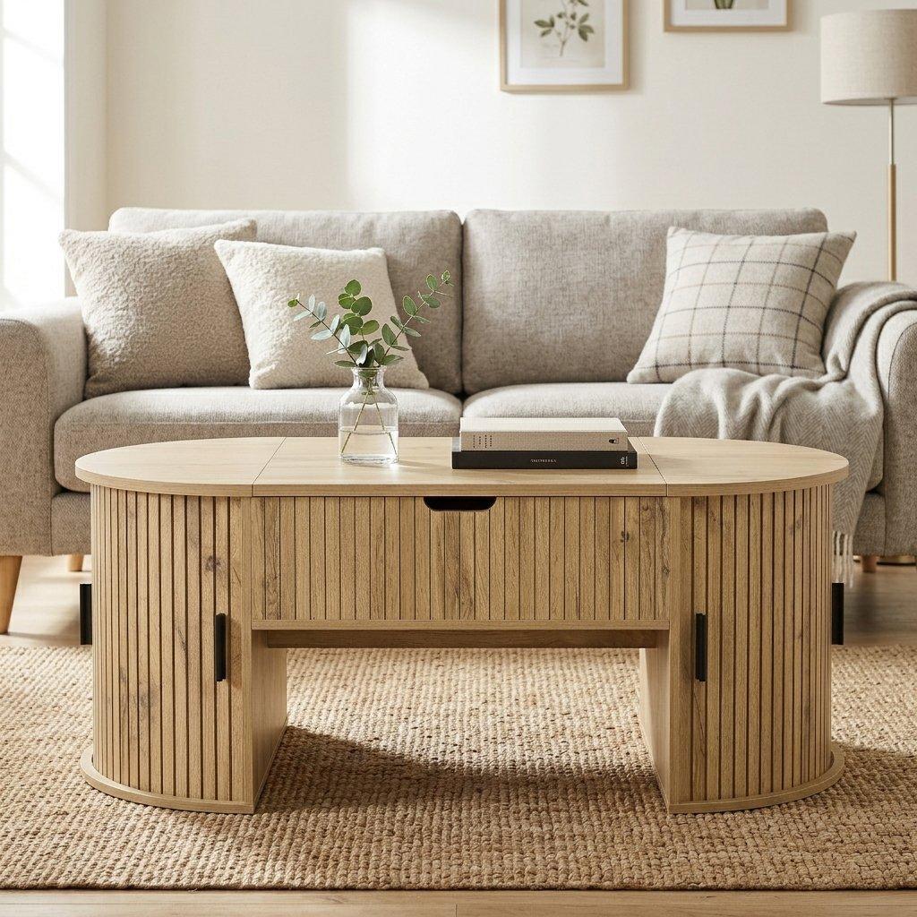Oak - Urban Meuble - Modern Oval Lift-Top Coffee Table - 2