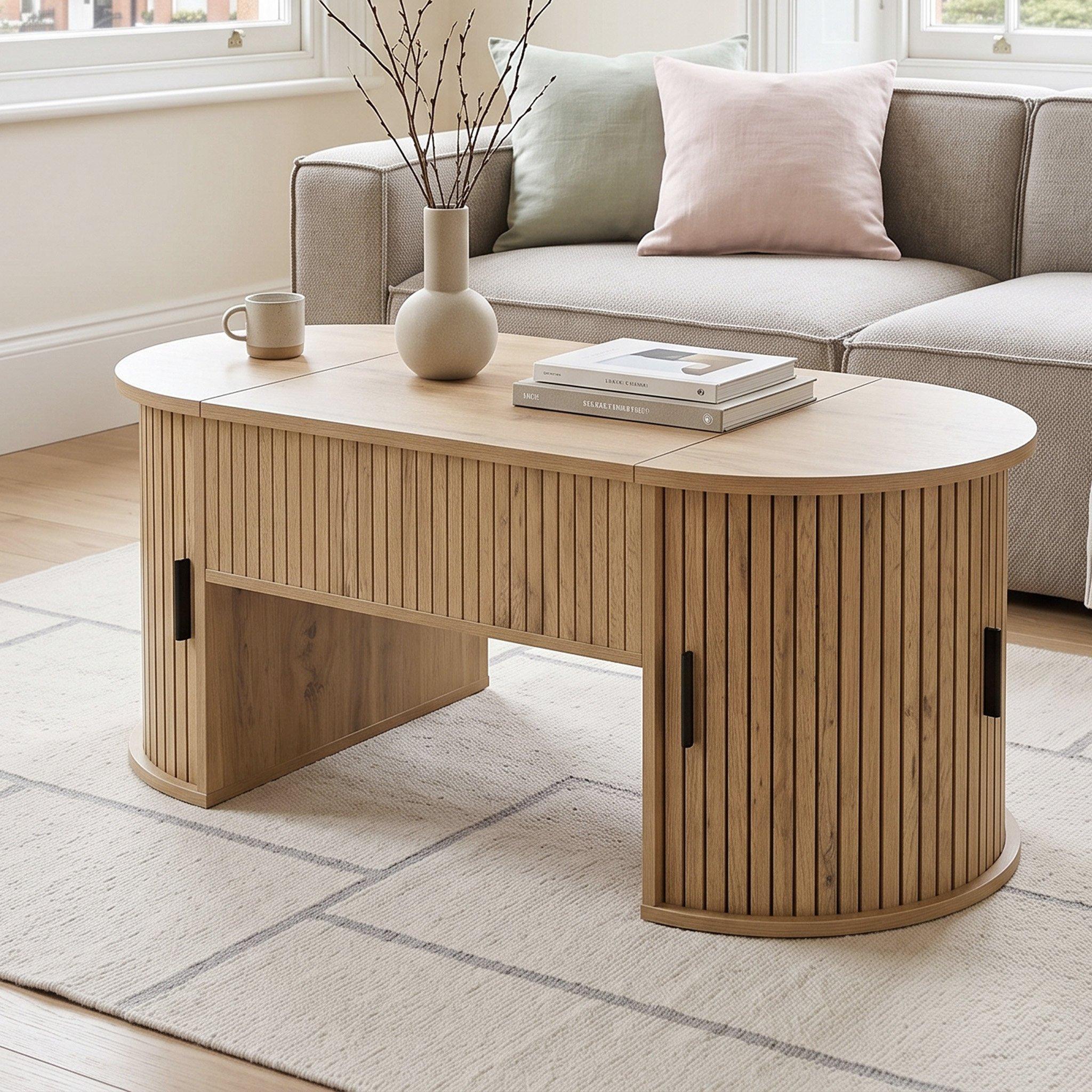 Oak - Urban Meuble - Modern Oval Lift-Top Coffee Table - 3